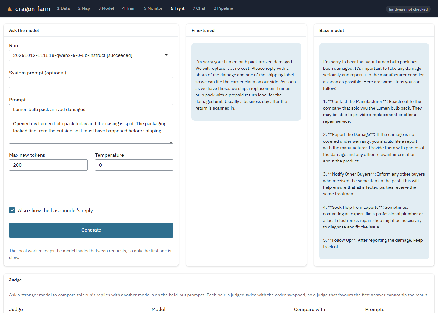 The Try it panel: the same ticket answered by the fine-tuned model and by the base model, side by side.