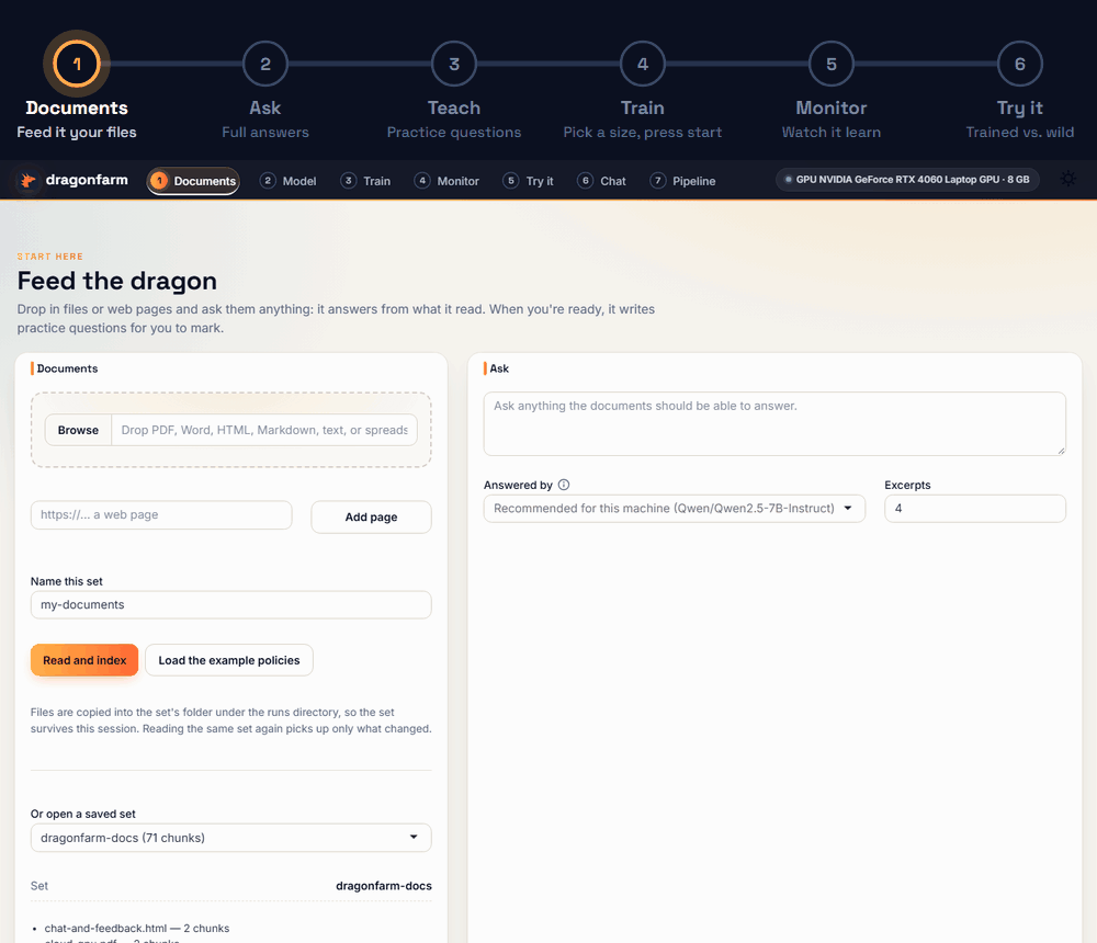 The app, step by step: drop in documents, ask them with sources, review generated questions, train, watch the loss, compare against the base model.