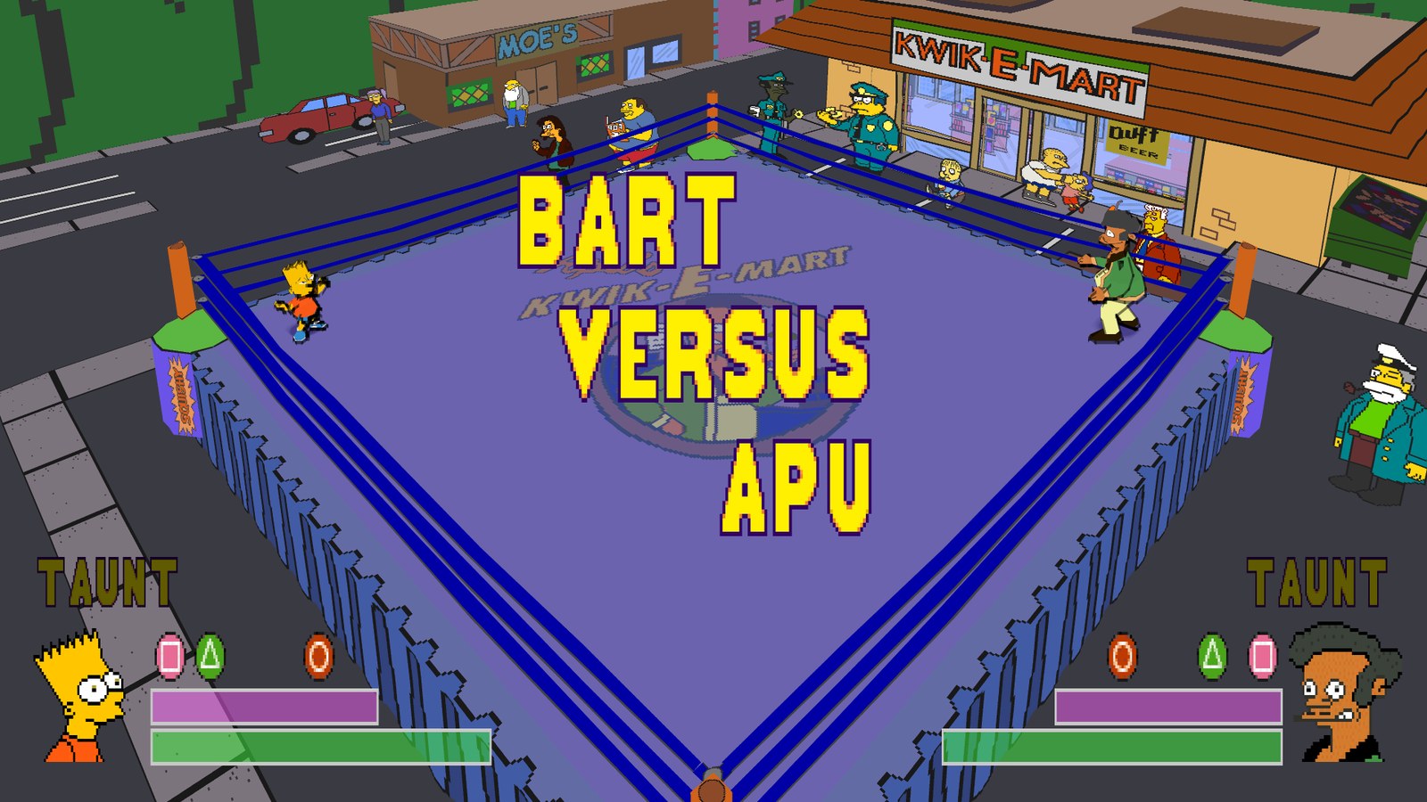 Bart versus Apu outside the Kwik-E-Mart