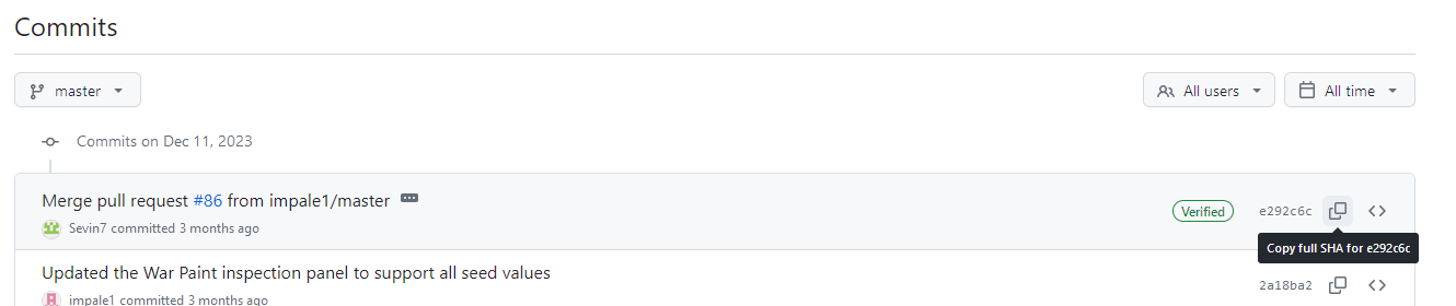 GitHub commit history copy full SHA