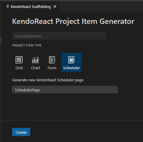 Scaffolders Wizard with the KendoReact Project Item Generator dialog with the Scheduler selected as a project item type