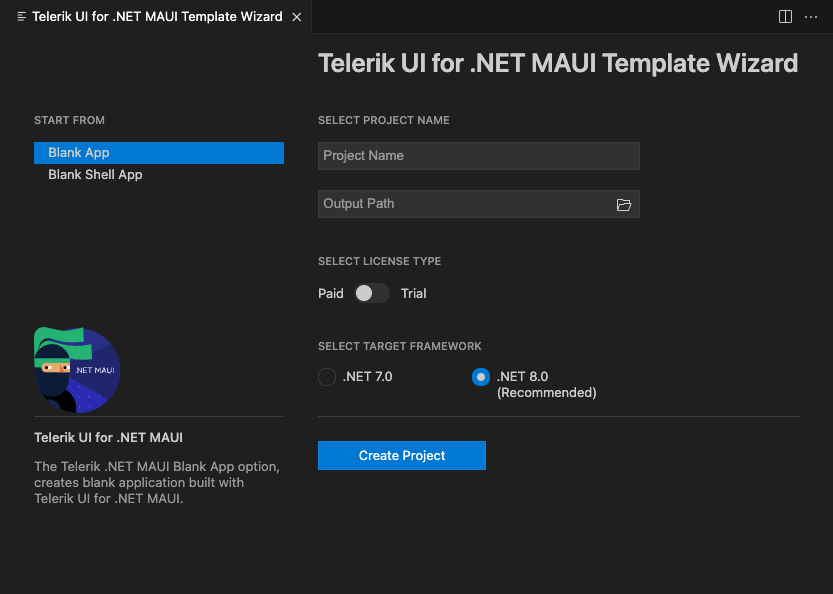 Create new project with Telerik .NET MAUI Visual Studio Code Template