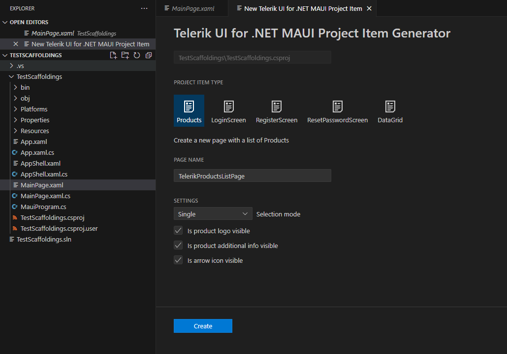 .NET MAUI Scaffolding dialog