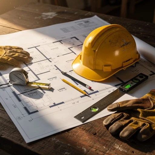 Construction planning with hardhat, blueprints and tools