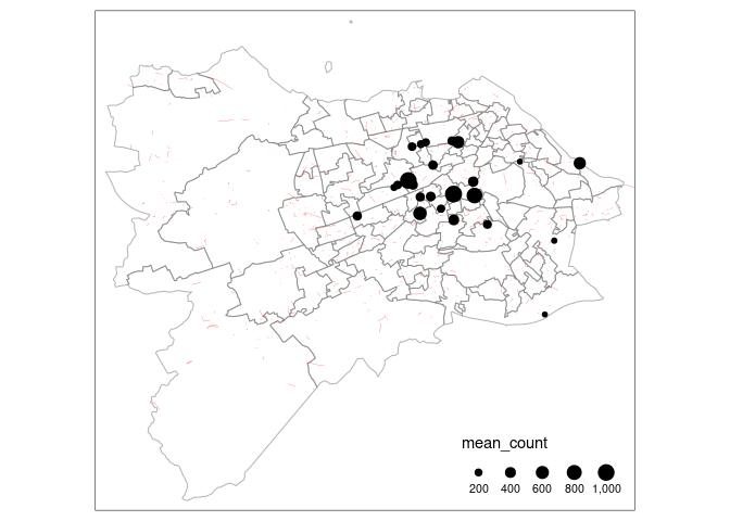 Figure 2.1: Overview of the study area and the input geographic datasets. Dot size is proportional to mean cycle count at counter locations.