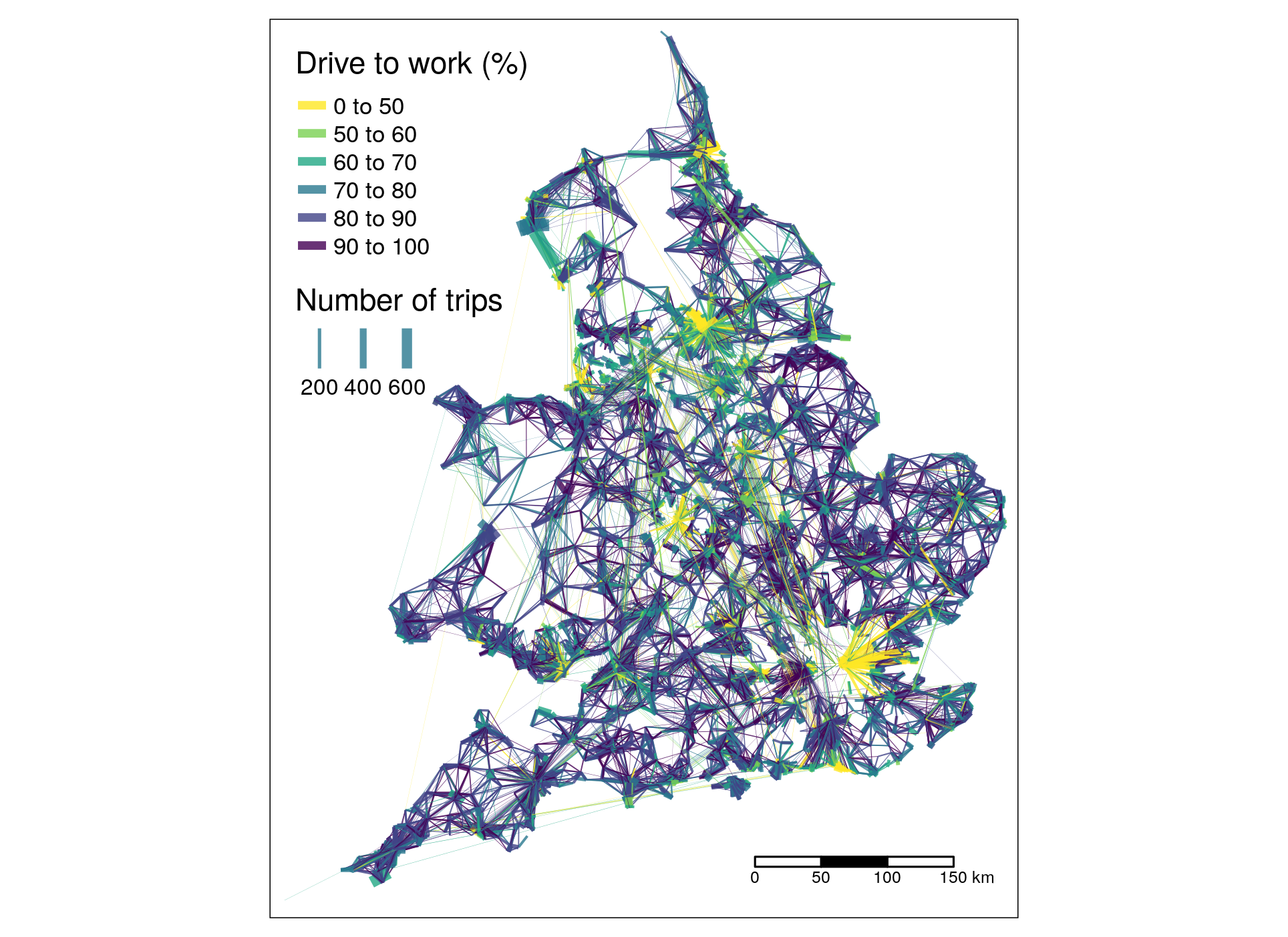 Illustration of typicall representation of OD dataset, illustrating travel to work patterns in England. Source: author's [analysis](https://github.com/creds2/od-data) of open access data from the 2011 Census.