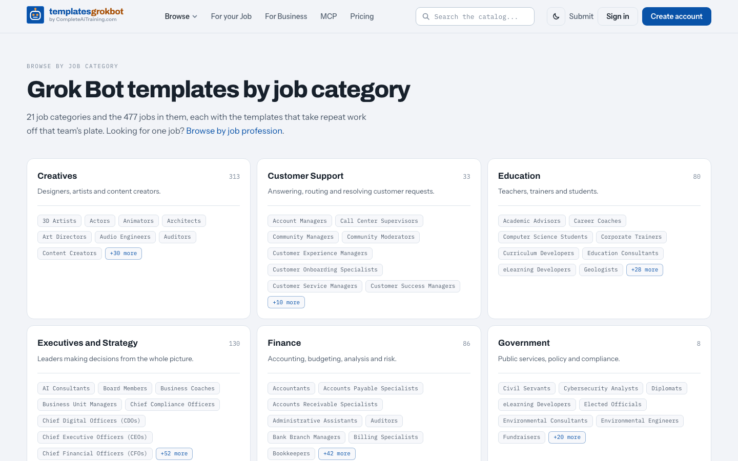 Job fields on templatesgrokbot.com