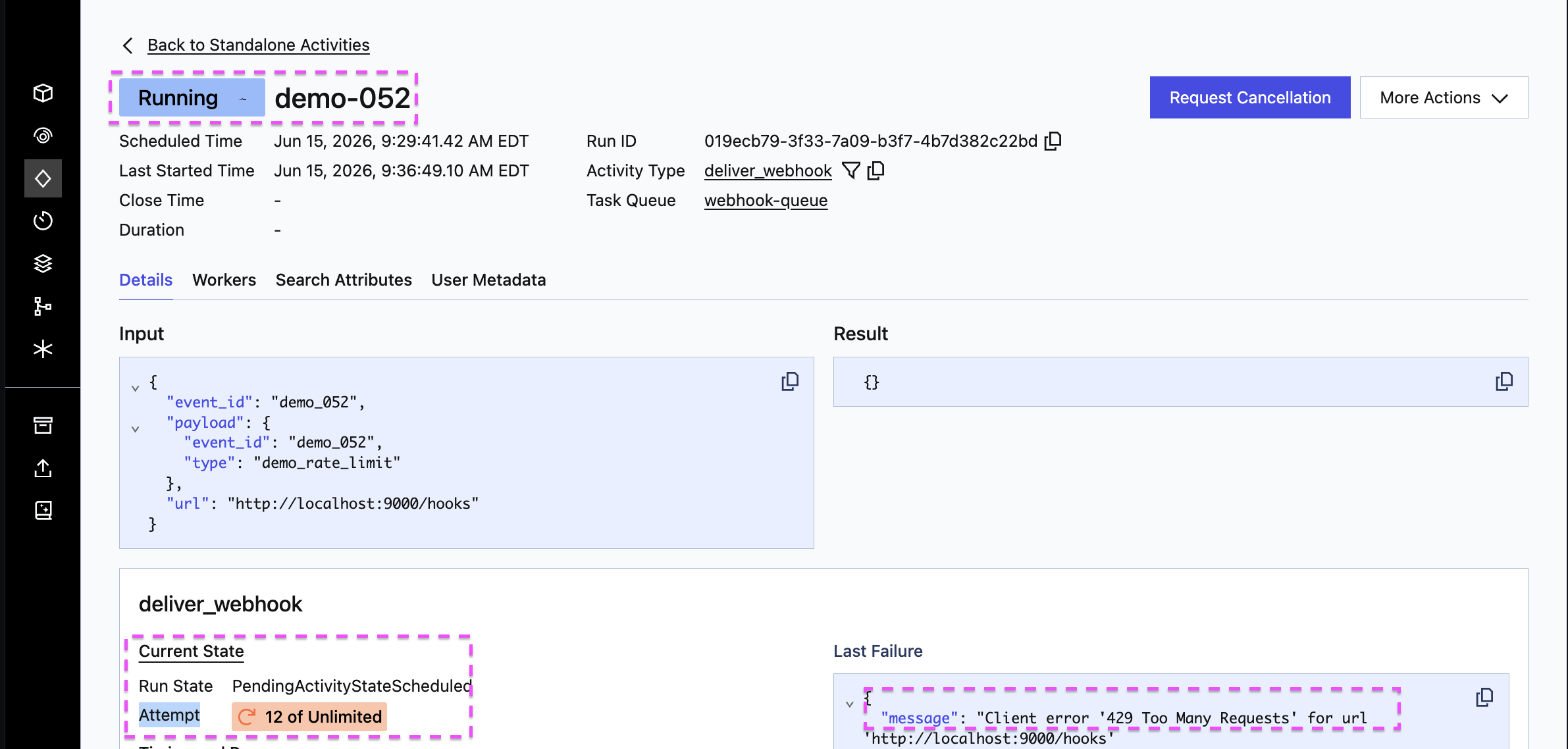 A rate-limited Standalone Activity in the Temporal UI: status Running, attempt count climbing, last failure HTTP 429