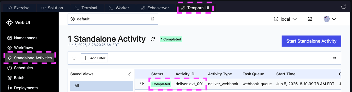 Temporal UI showing a completed Standalone Activity in the Standalone Activities tab