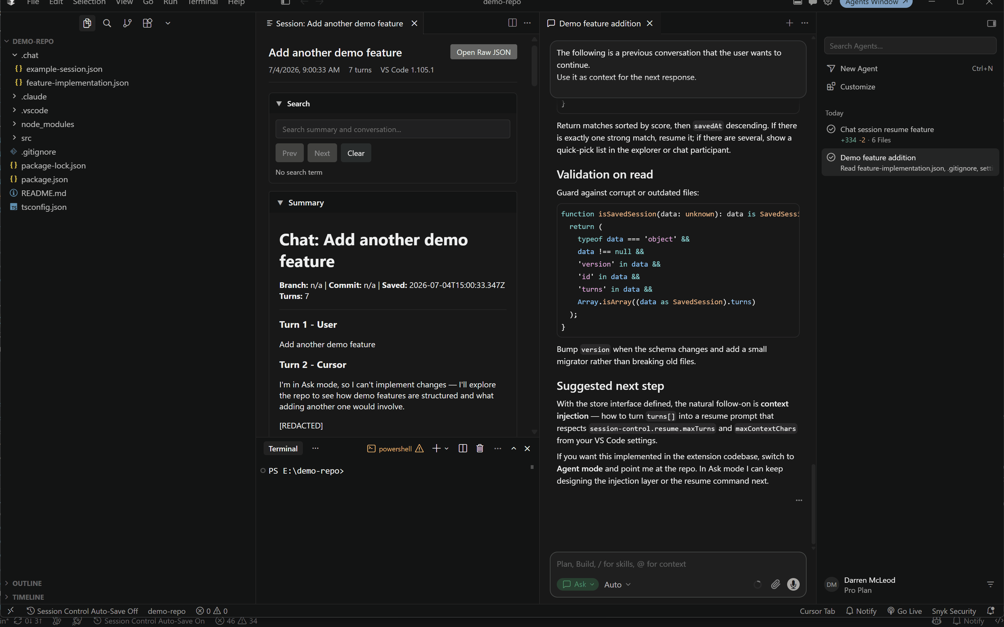 Animated demo: save a Copilot chat session, browse it in the Session Explorer, and resume it as context in a new chat.
