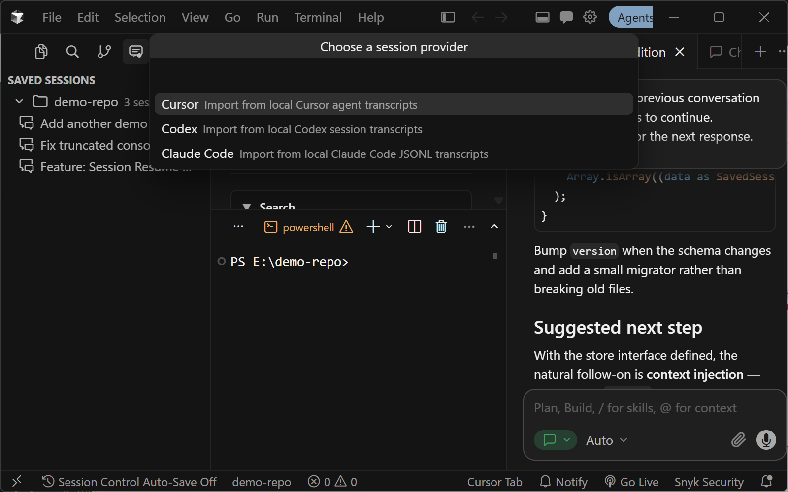 Session Control: Save Session quick pick offering Copilot, Cursor, Codex, and Claude Code options.