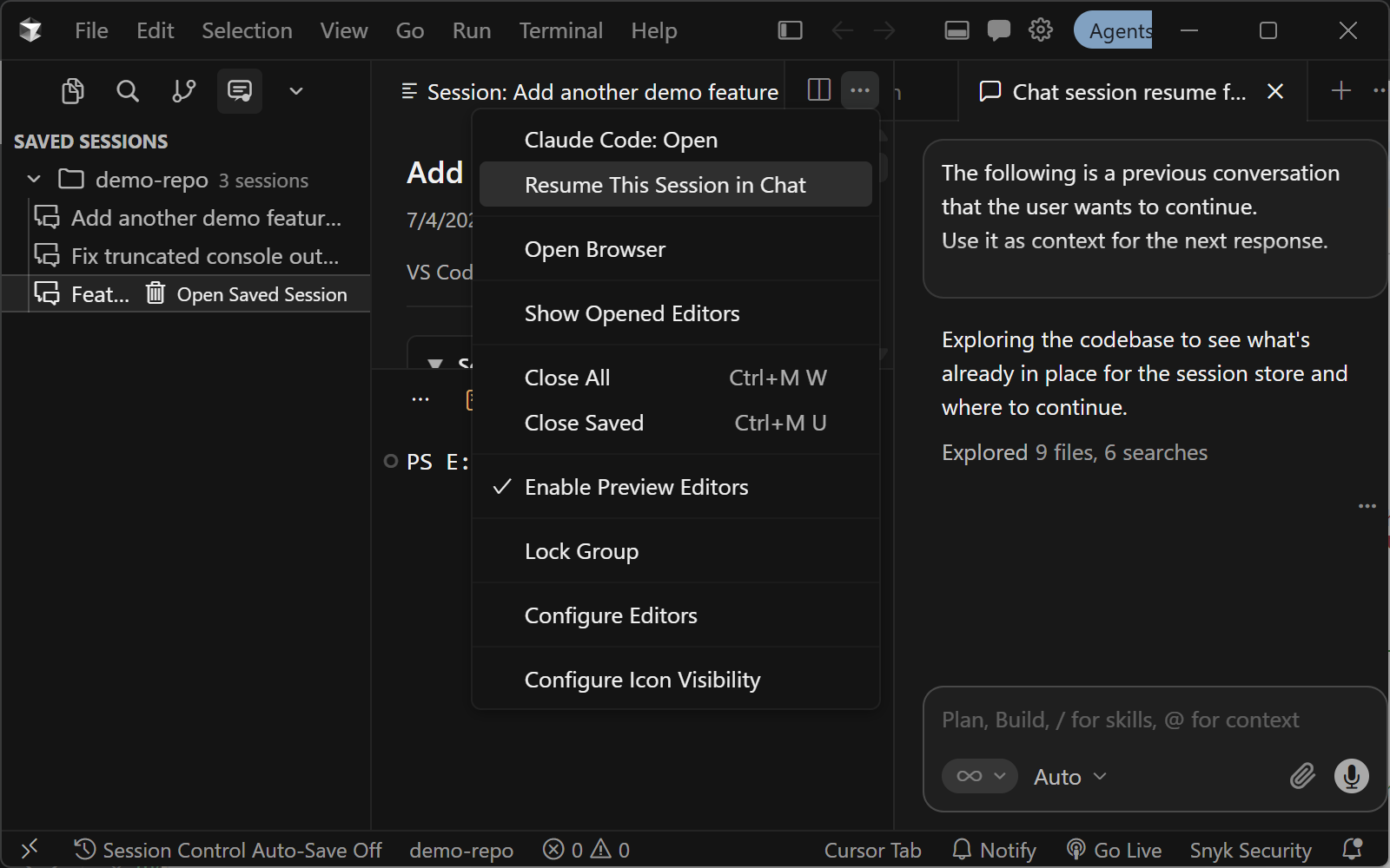 @session-control /resume cursor-debug-loop selected in VS Code Chat, loading a prior Cursor Agent transcript as LLM context for a new conversation.