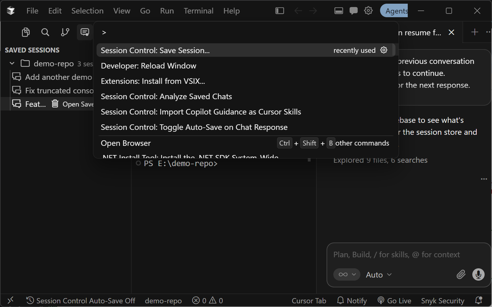 Session Control: Save Session running from the Command Palette in VS Code, with a saved JSON file appearing under .chat/ in the explorer.