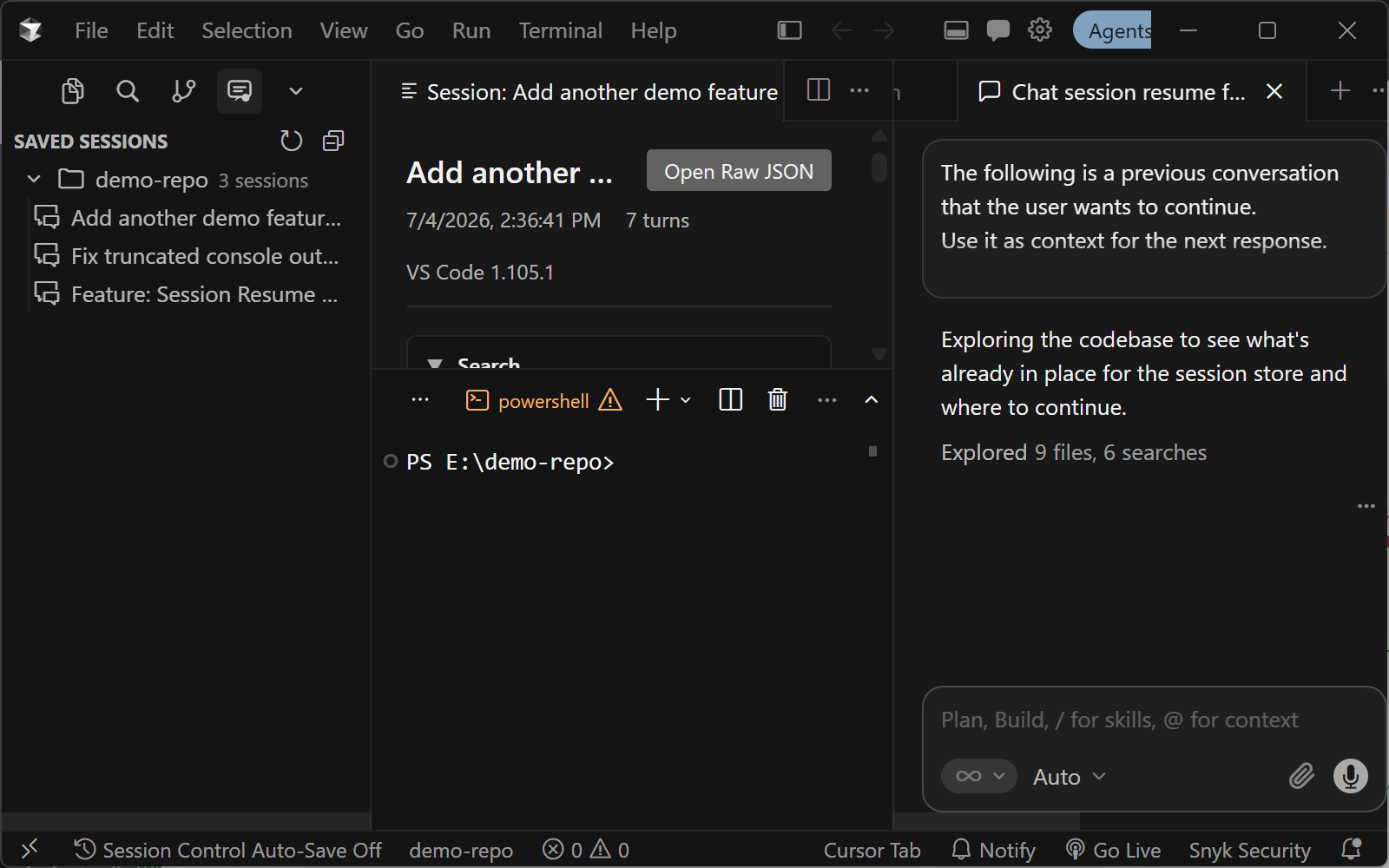 Session Control activity bar view showing saved sessions grouped by workspace folder, with open, resume, and delete actions on hover.
