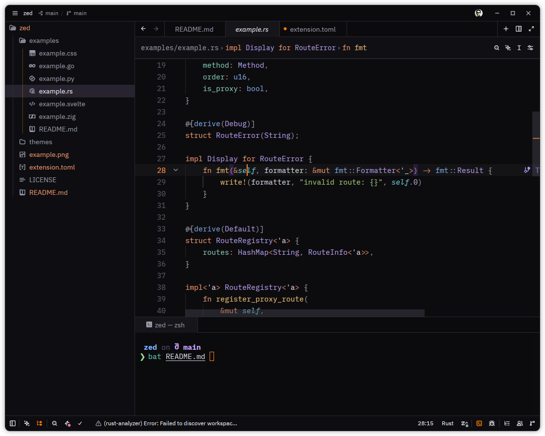 TensorFoundry Dark Night in Zed, showing Rust syntax highlighting, the project panel, active editor, and integrated terminal