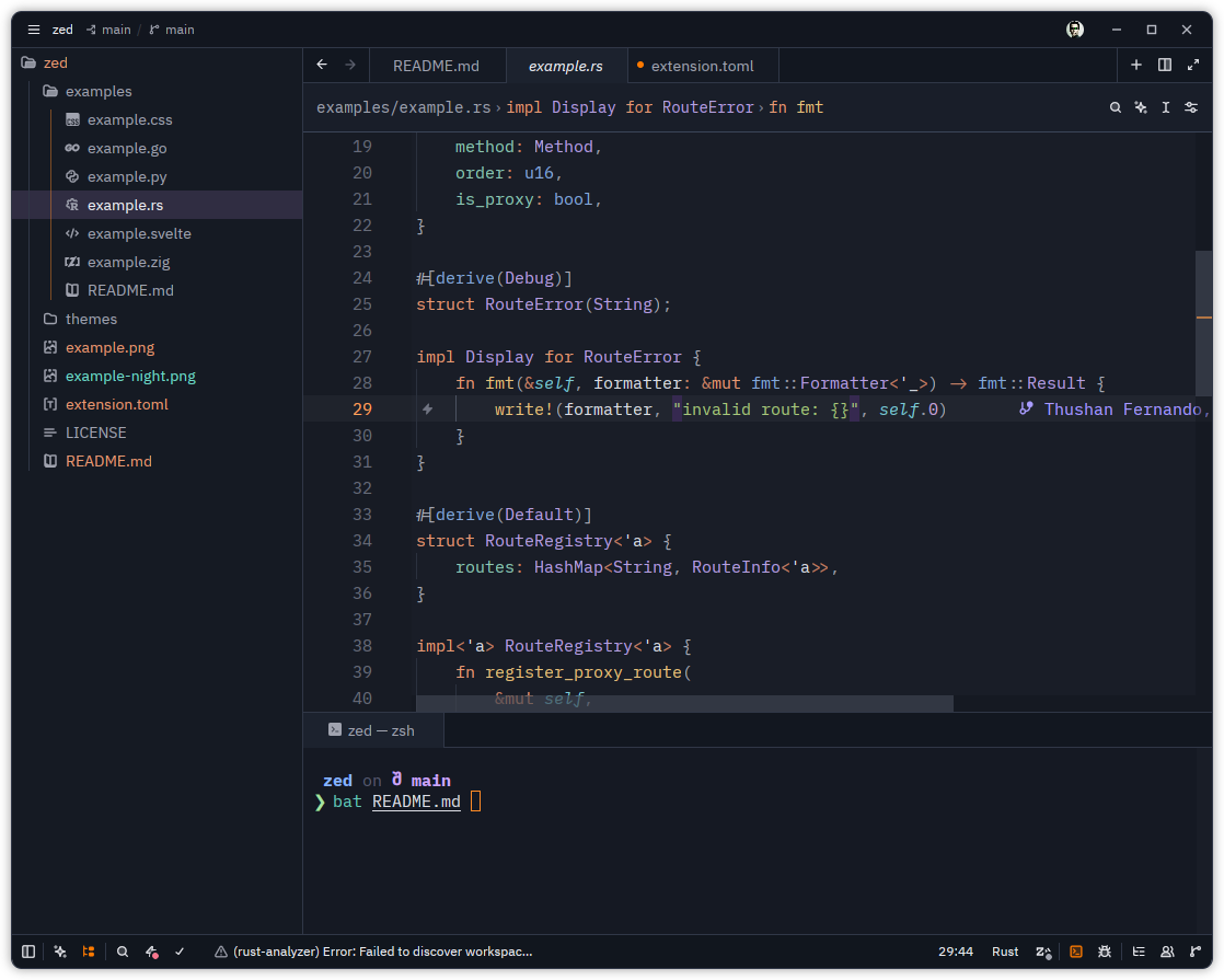 TensorFoundry Dark in Zed, showing Rust syntax highlighting, the project panel, active editor, and integrated terminal