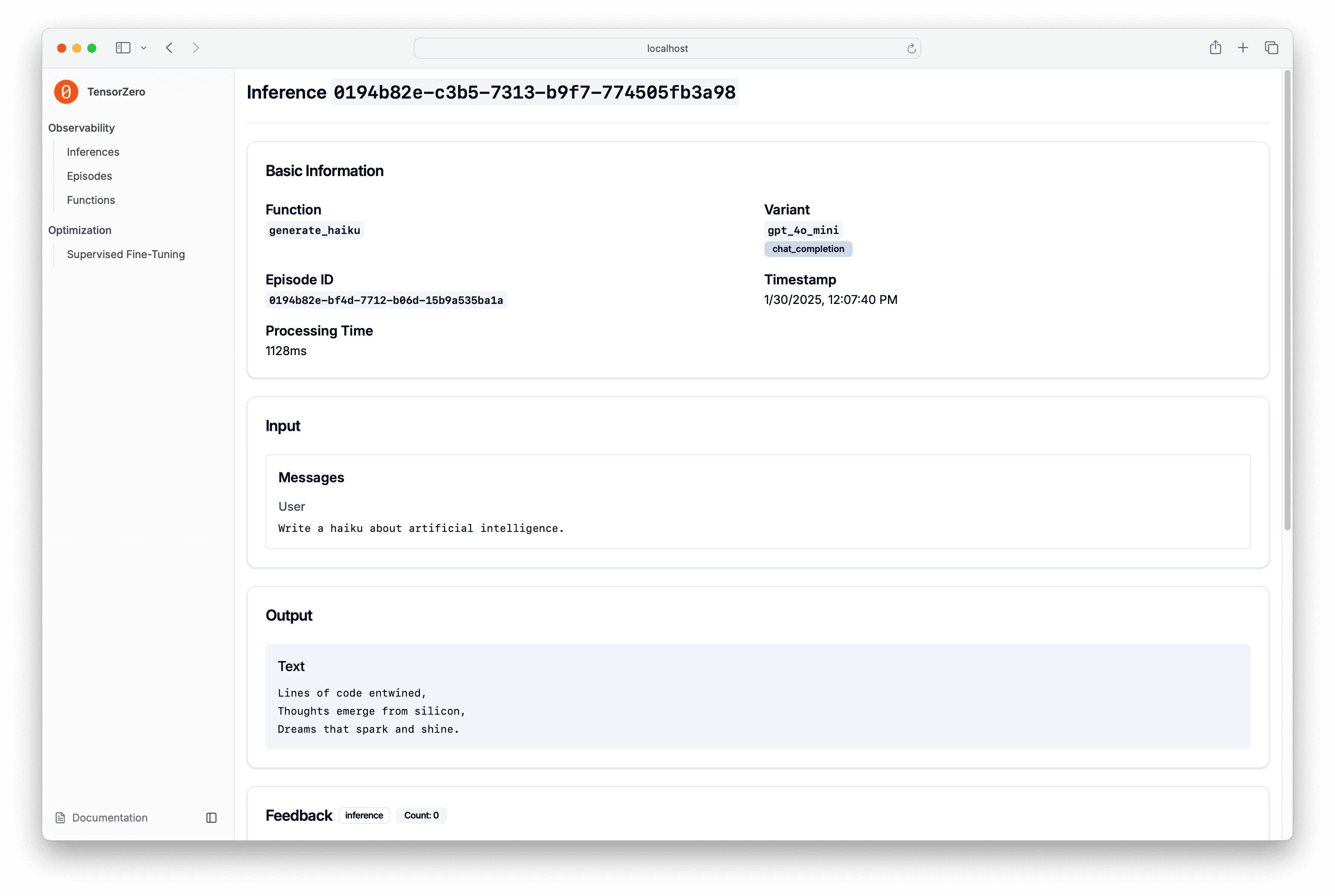 TensorZero observability dashboard