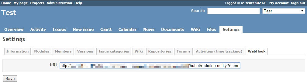 webhook settings of redmine screenshot