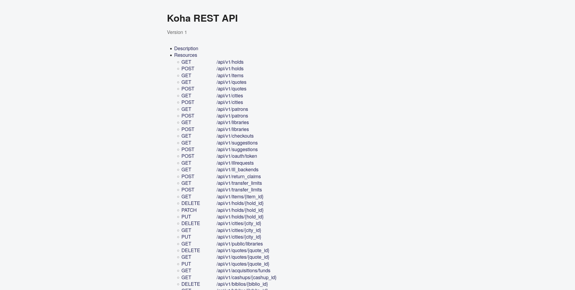 Page showing the available API endpoints