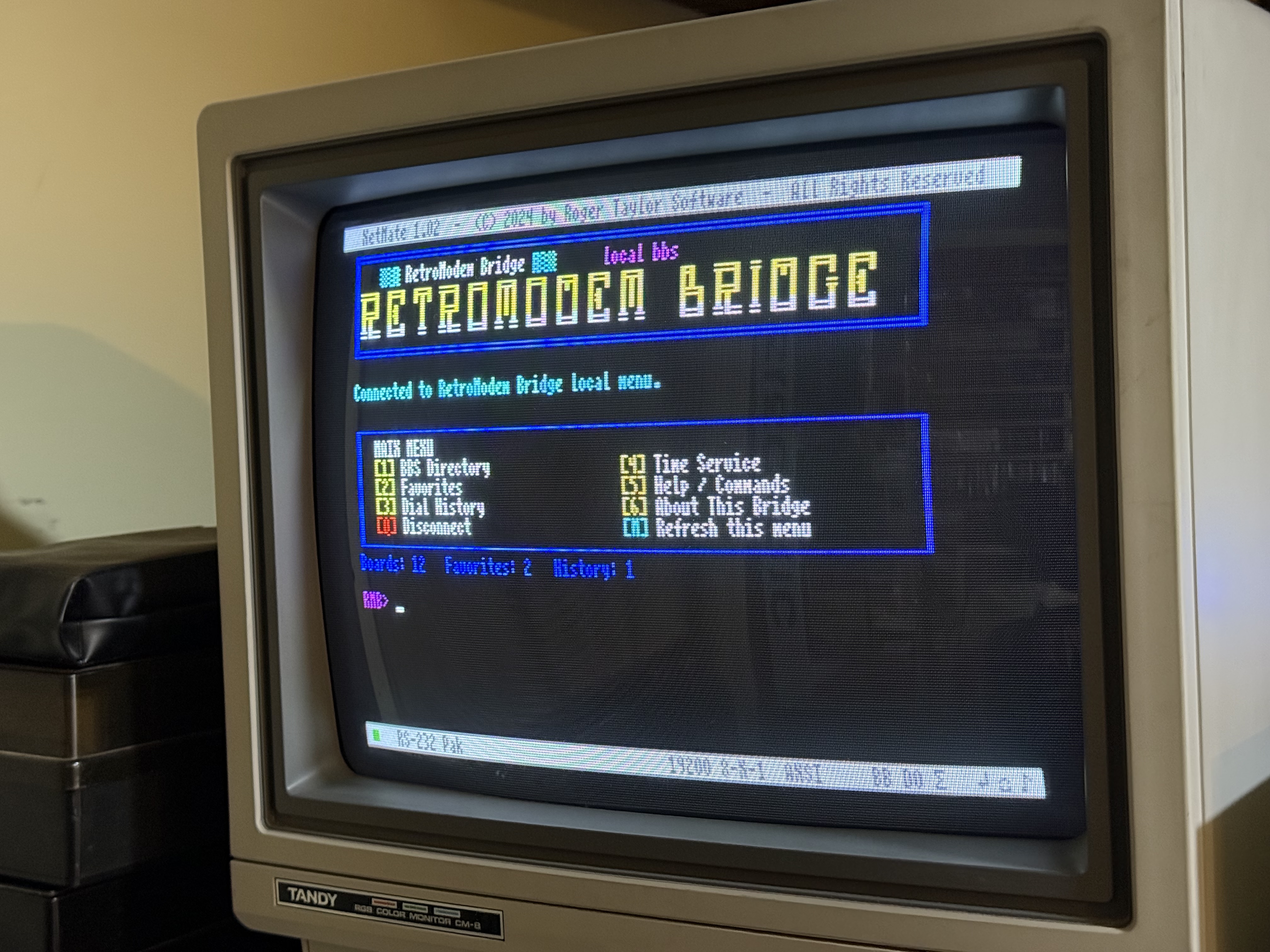 RetroModem Bridge local ANSI menu on a Tandy CoCo 3