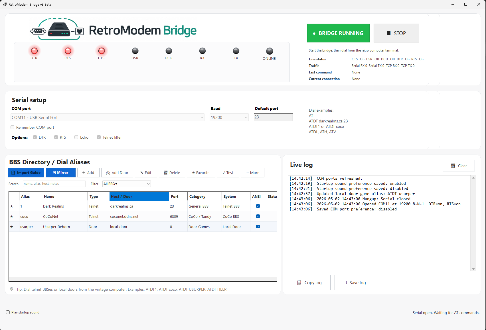 RetroModem Bridge Door Game Mode tab