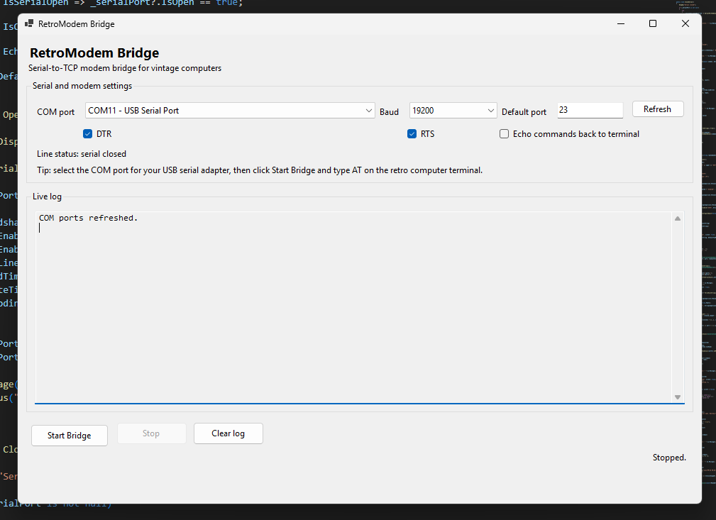 RetroModem Bridge main window