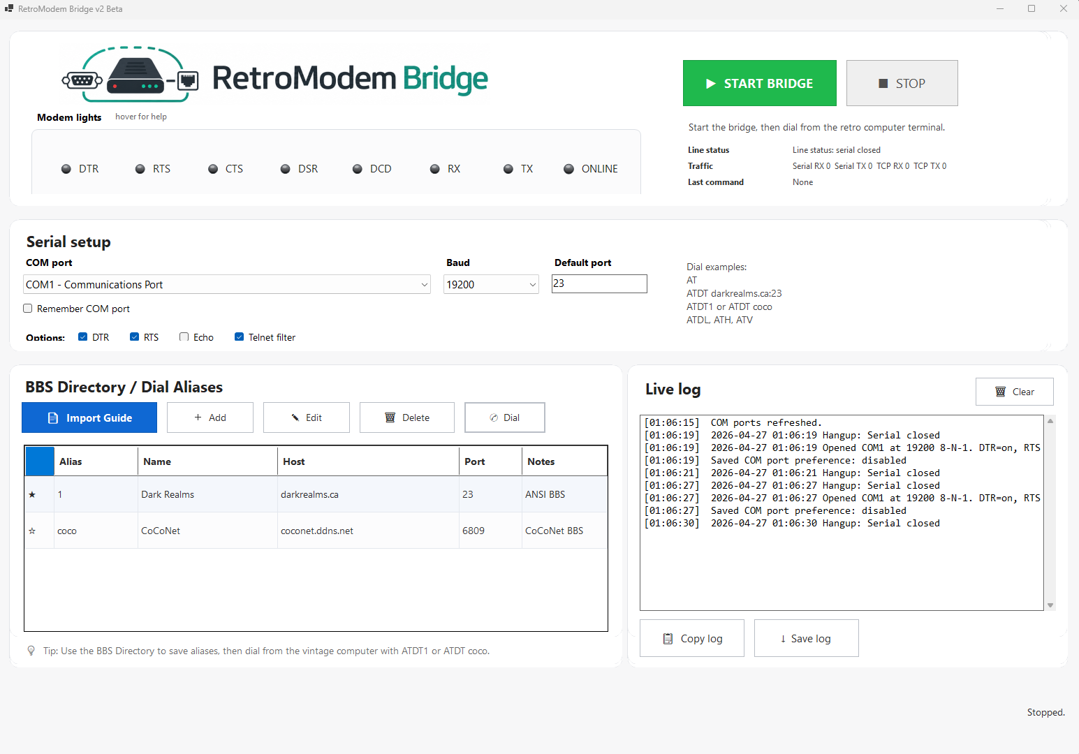 RetroModem Bridge startup screen