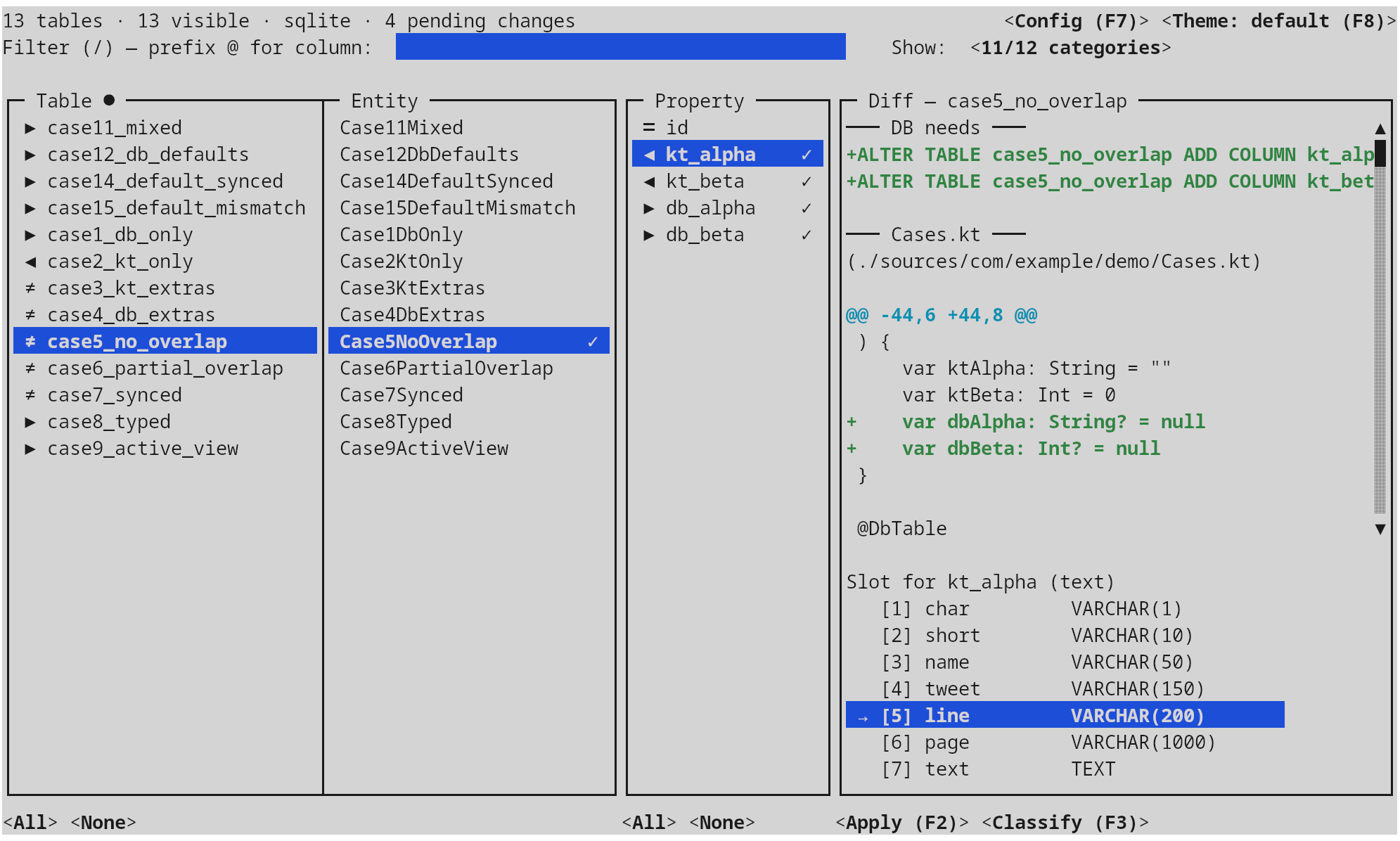 schema-sync TUI · table list, entity pane, property pane, diff preview