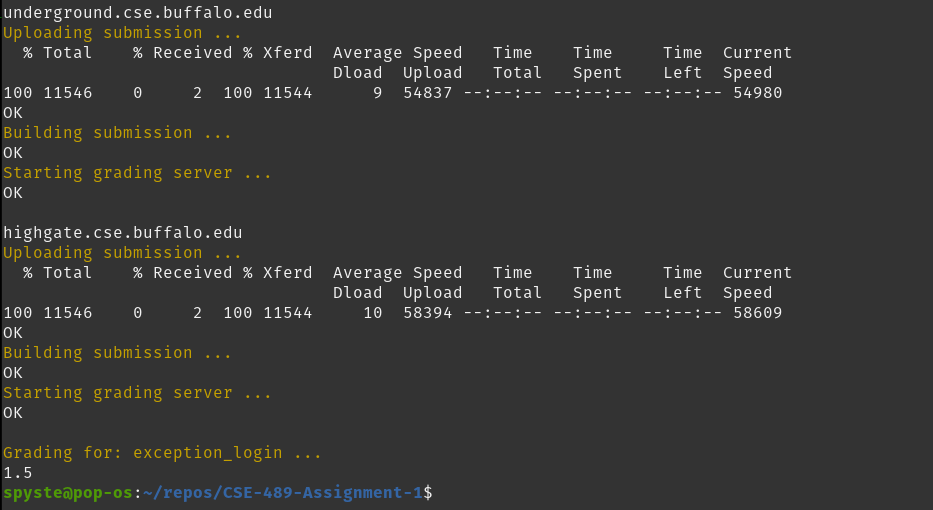 Results of login exception test