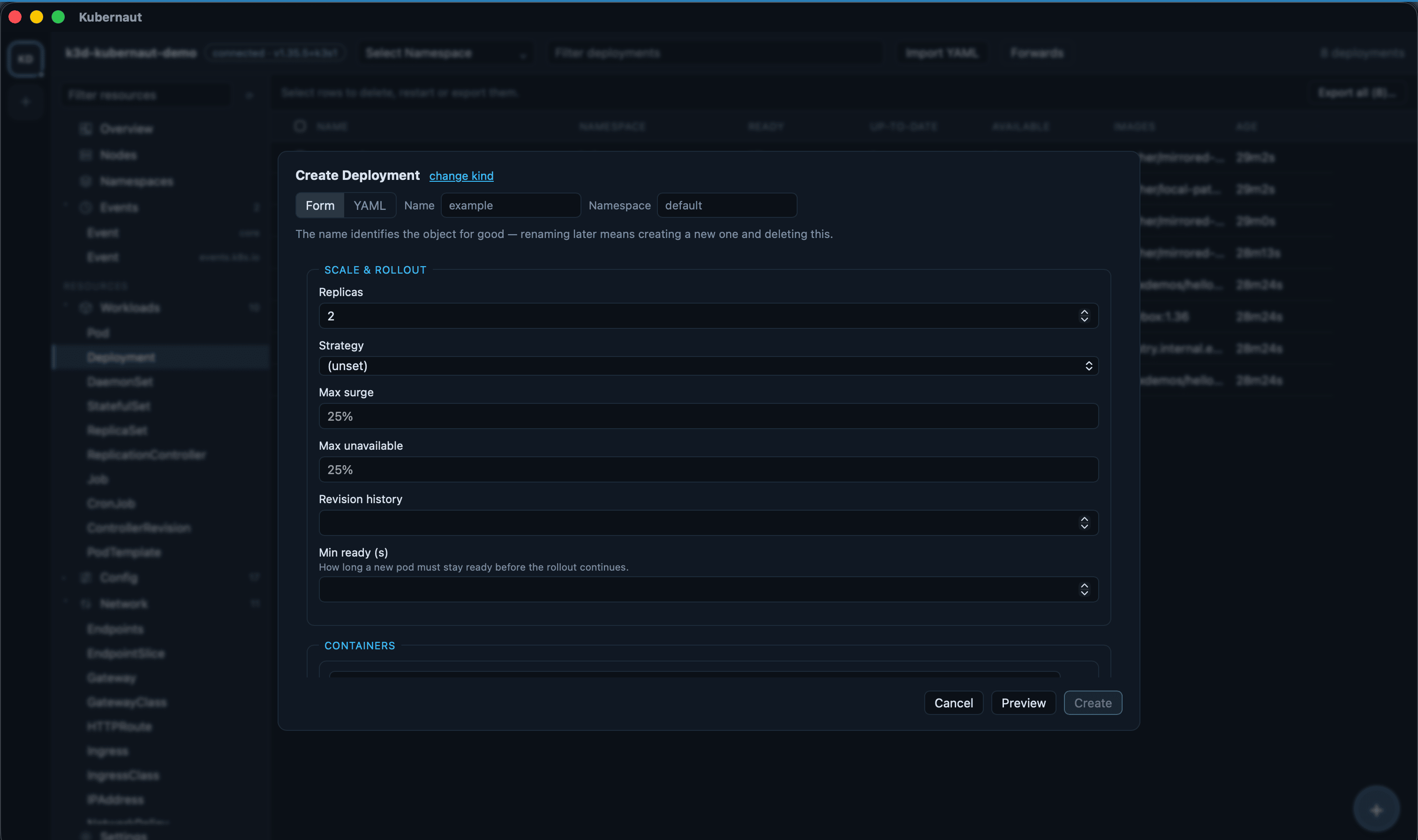 Create dialog, form mode, for a Deployment