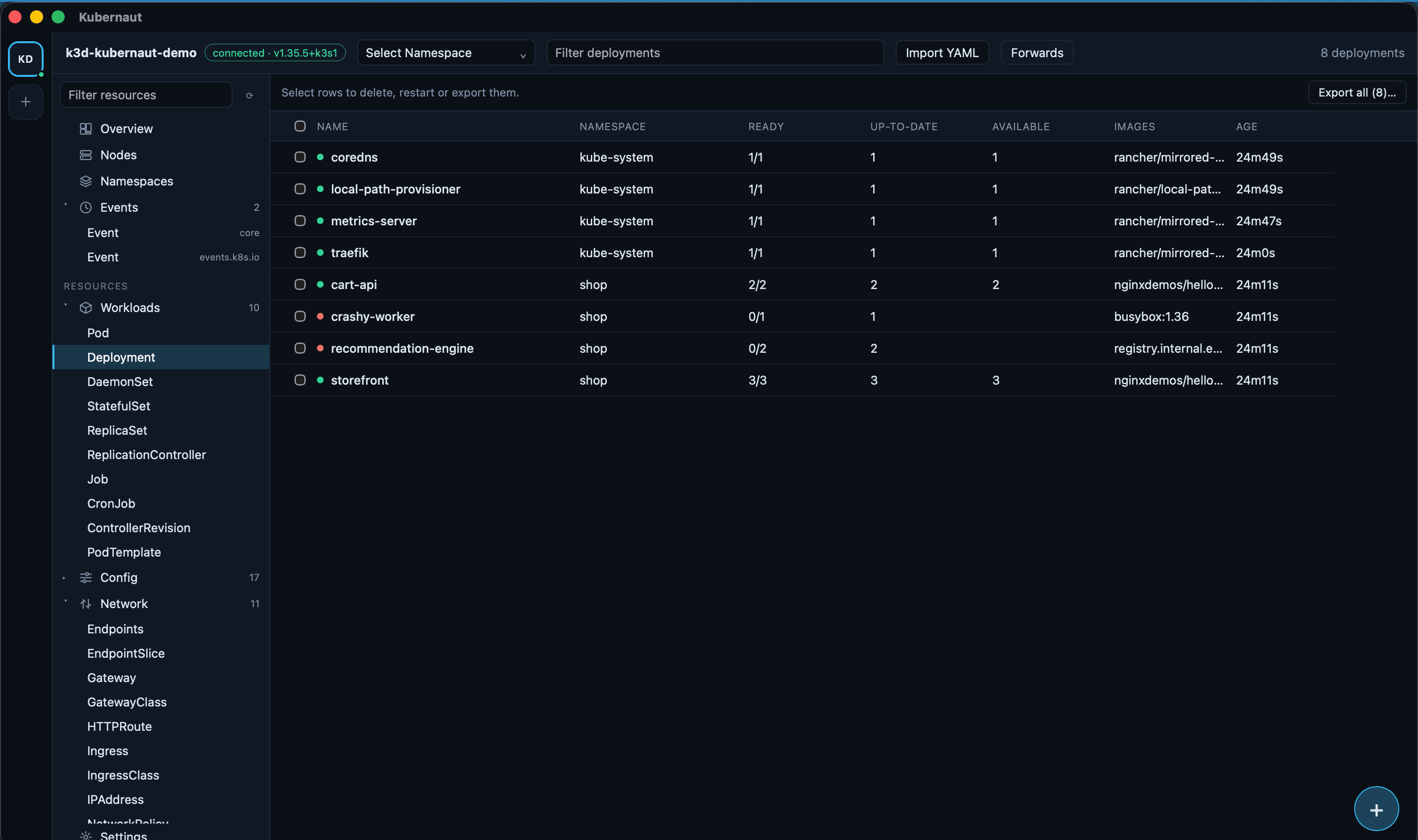 Deployments table with row selection