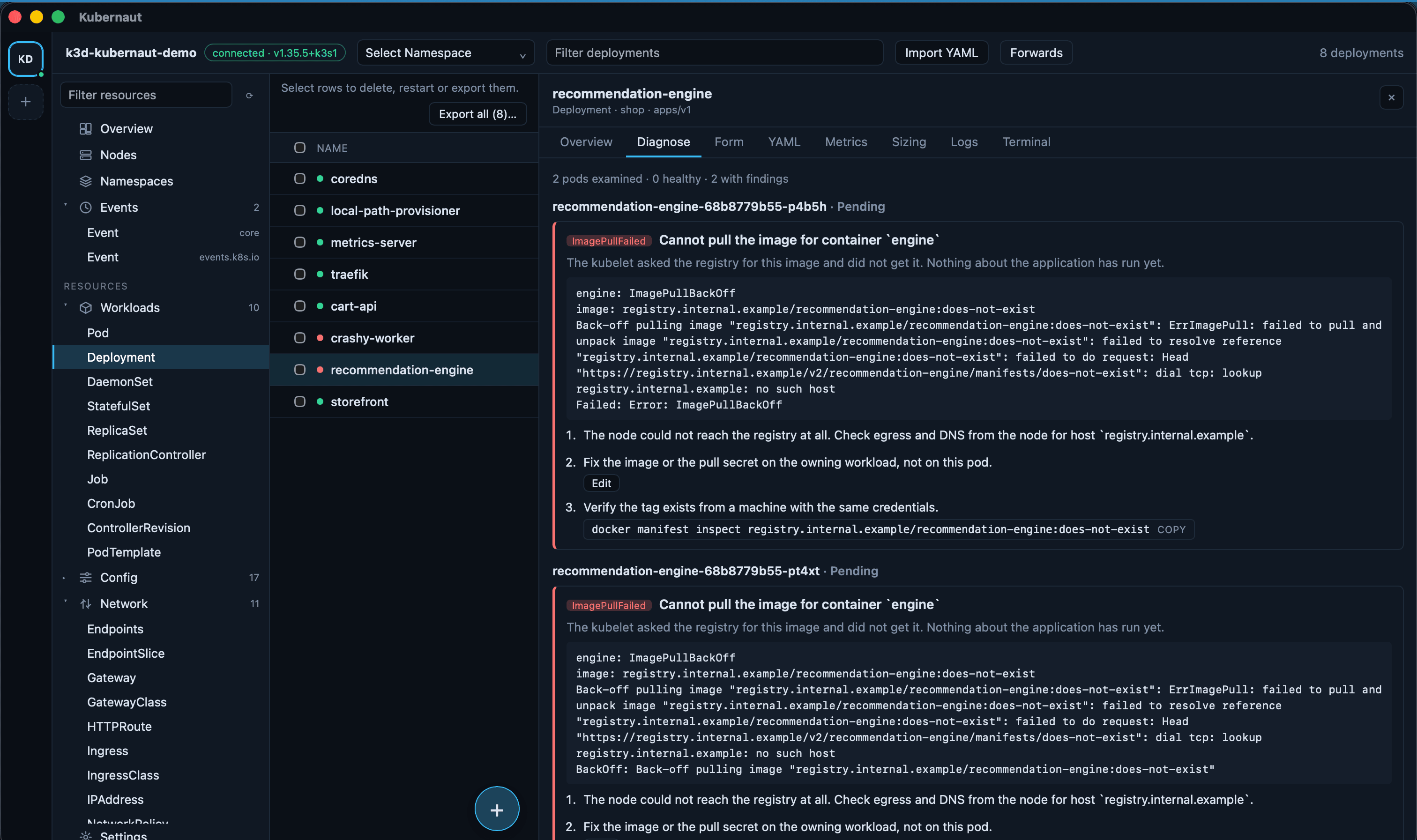 Diagnose tab quoting the kubelet's own error