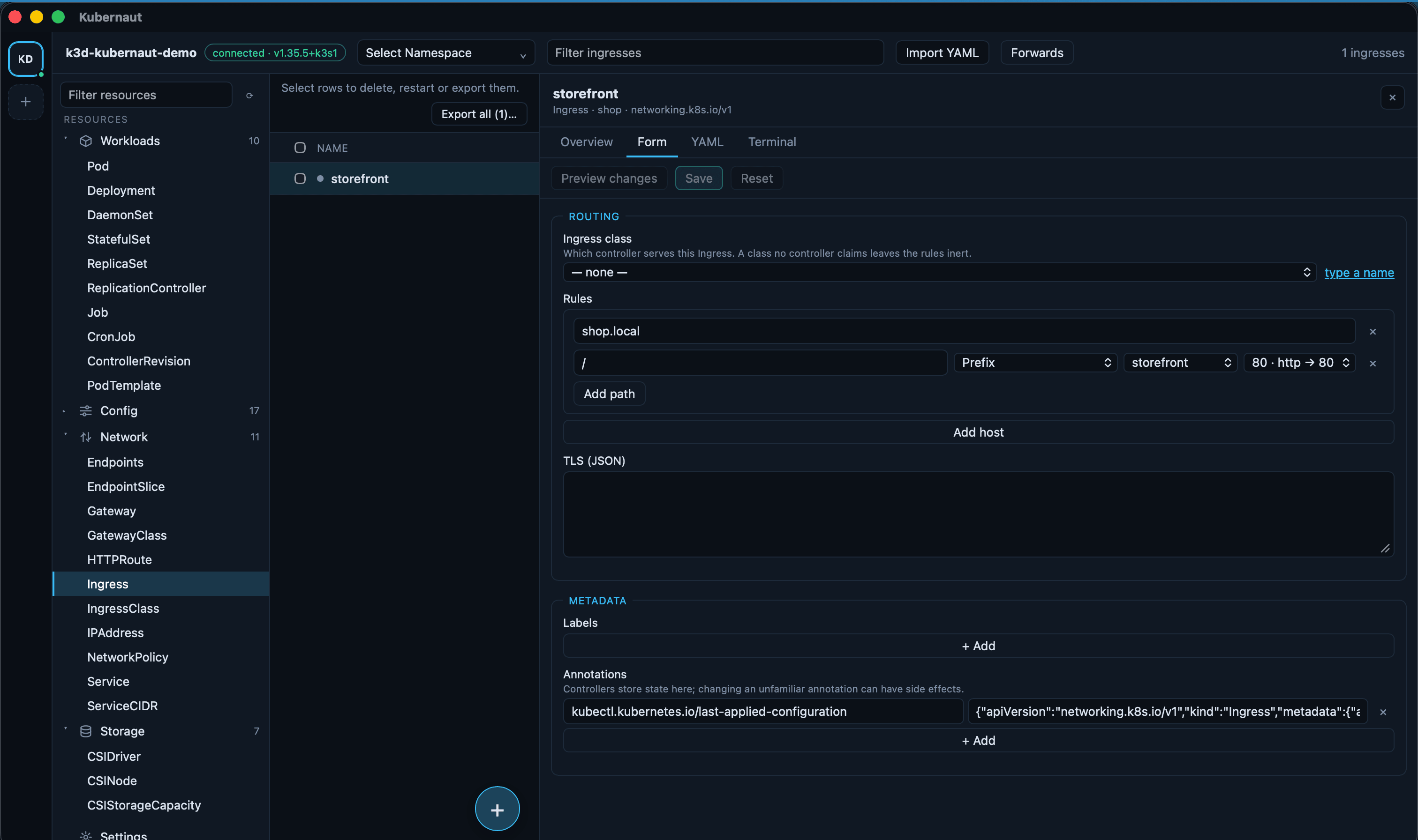 Ingress form with backend service and port chosen from the cluster