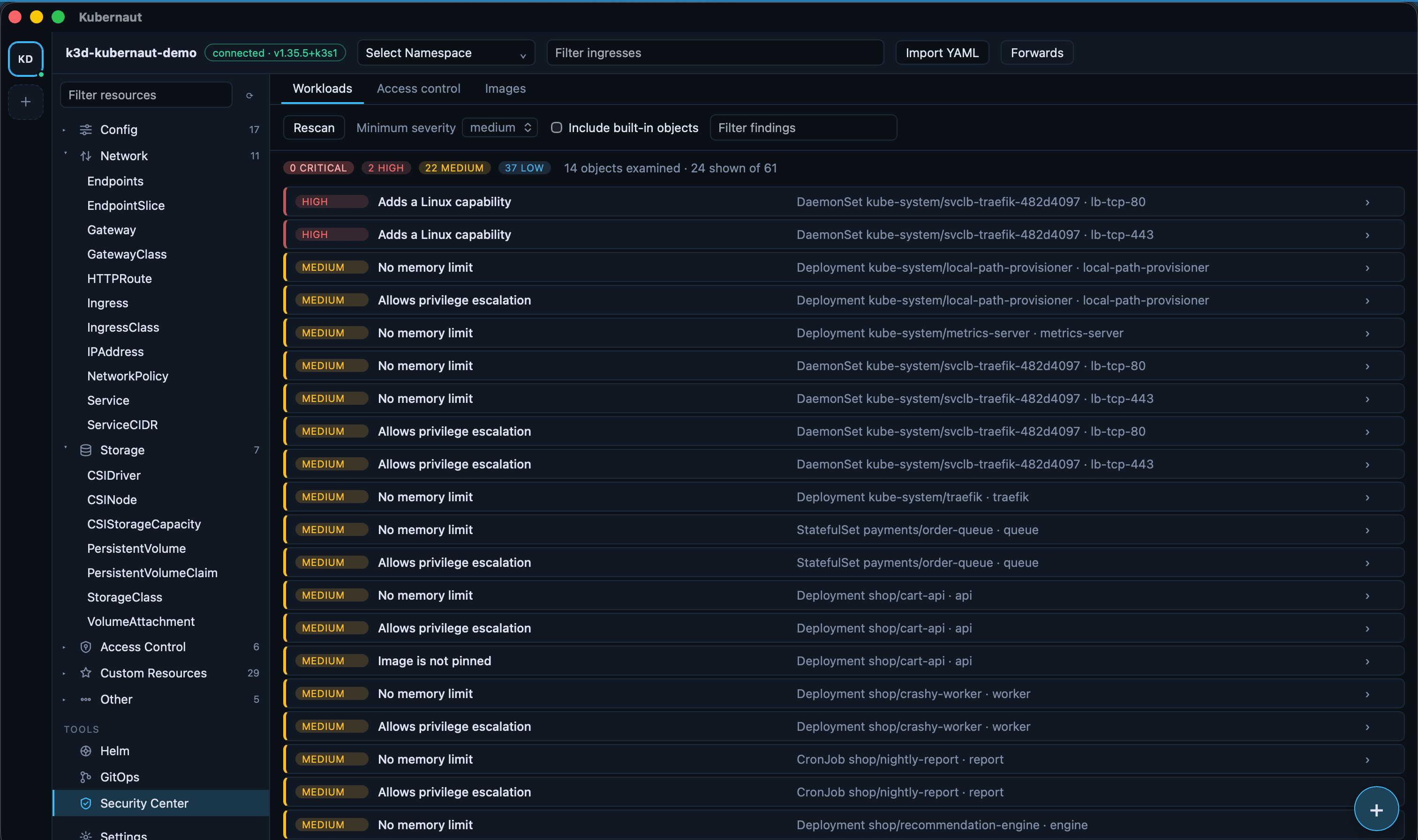 Security Center workload findings