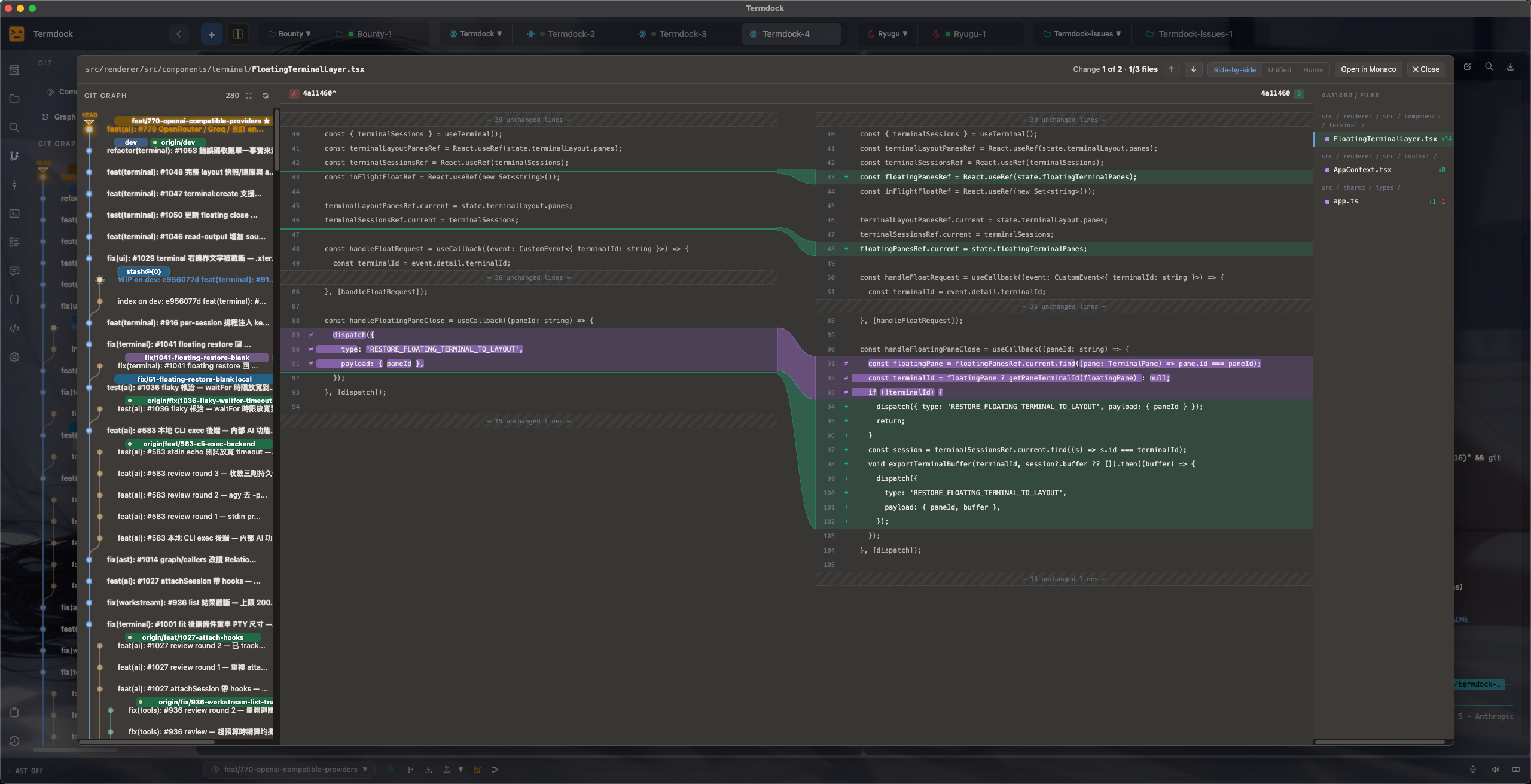 Termdock visual Git review — three-pane diff review with blame and Twin Focus token highlighting