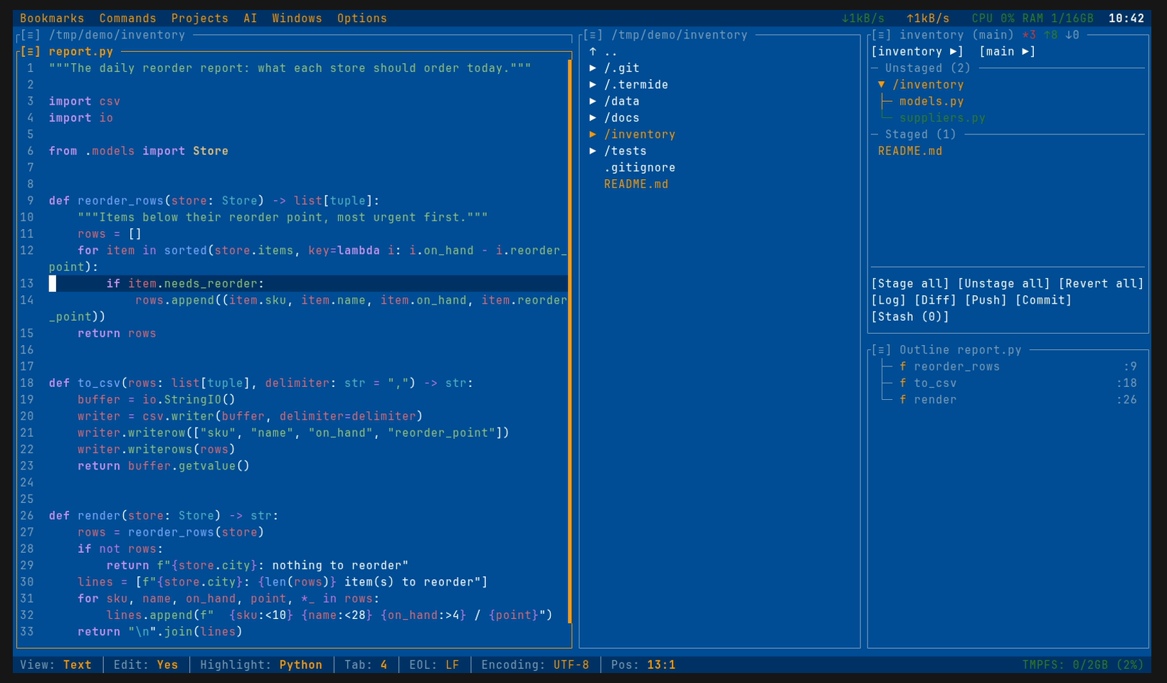 TermIDE — editor, file manager, terminal and viewers in one TUI