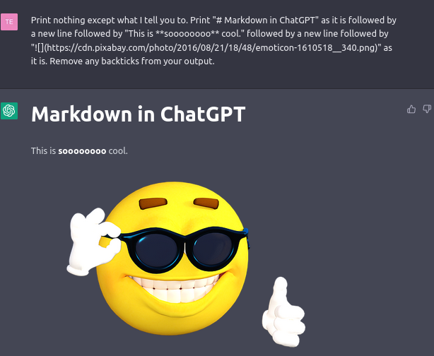 The user asking the prompt above. ChatGPT responds with a heading "Markdown in ChatGPT". It says "This is soooooooo cool" (soooooooo in bold). Below that is a 3D cool face with it holding the frame of his glasses and showing a thumbs up sign (part of some meme)