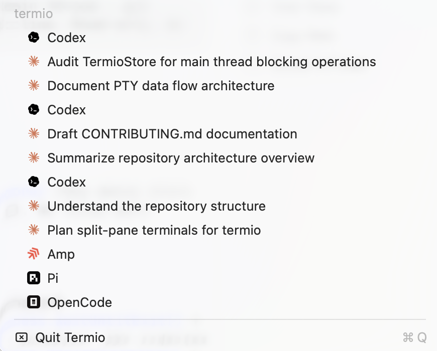 The menu-bar tray with a roster of sessions grouped by project