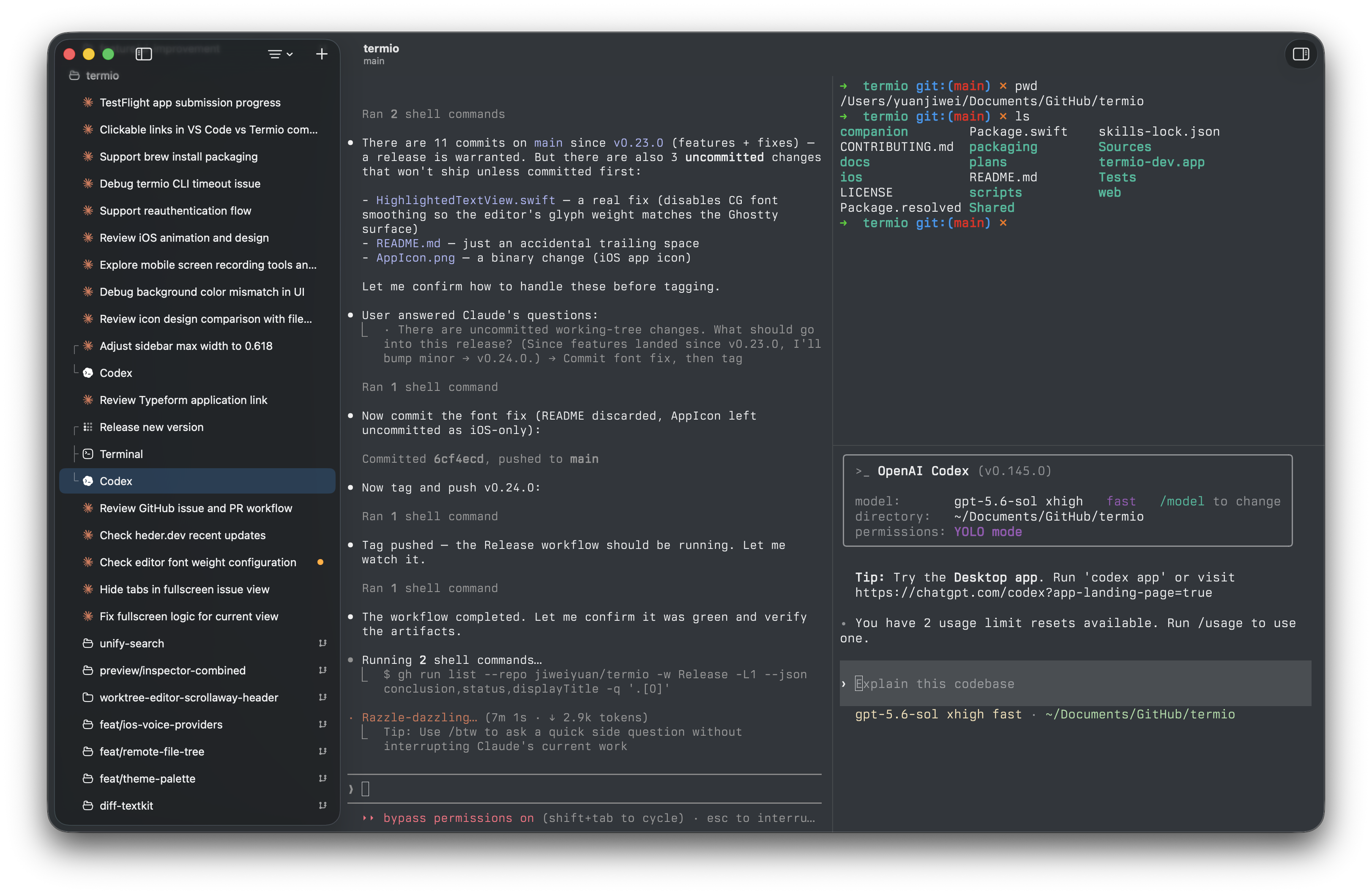 Termio in dark mode: a live Claude Code session next to the project sidebar