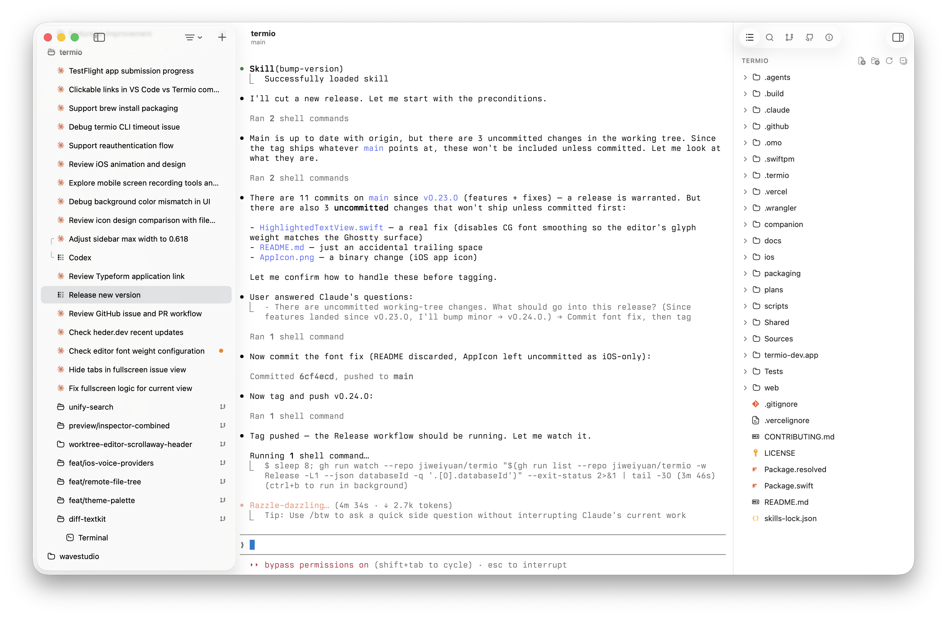 A Codex session running beside the session sidebar