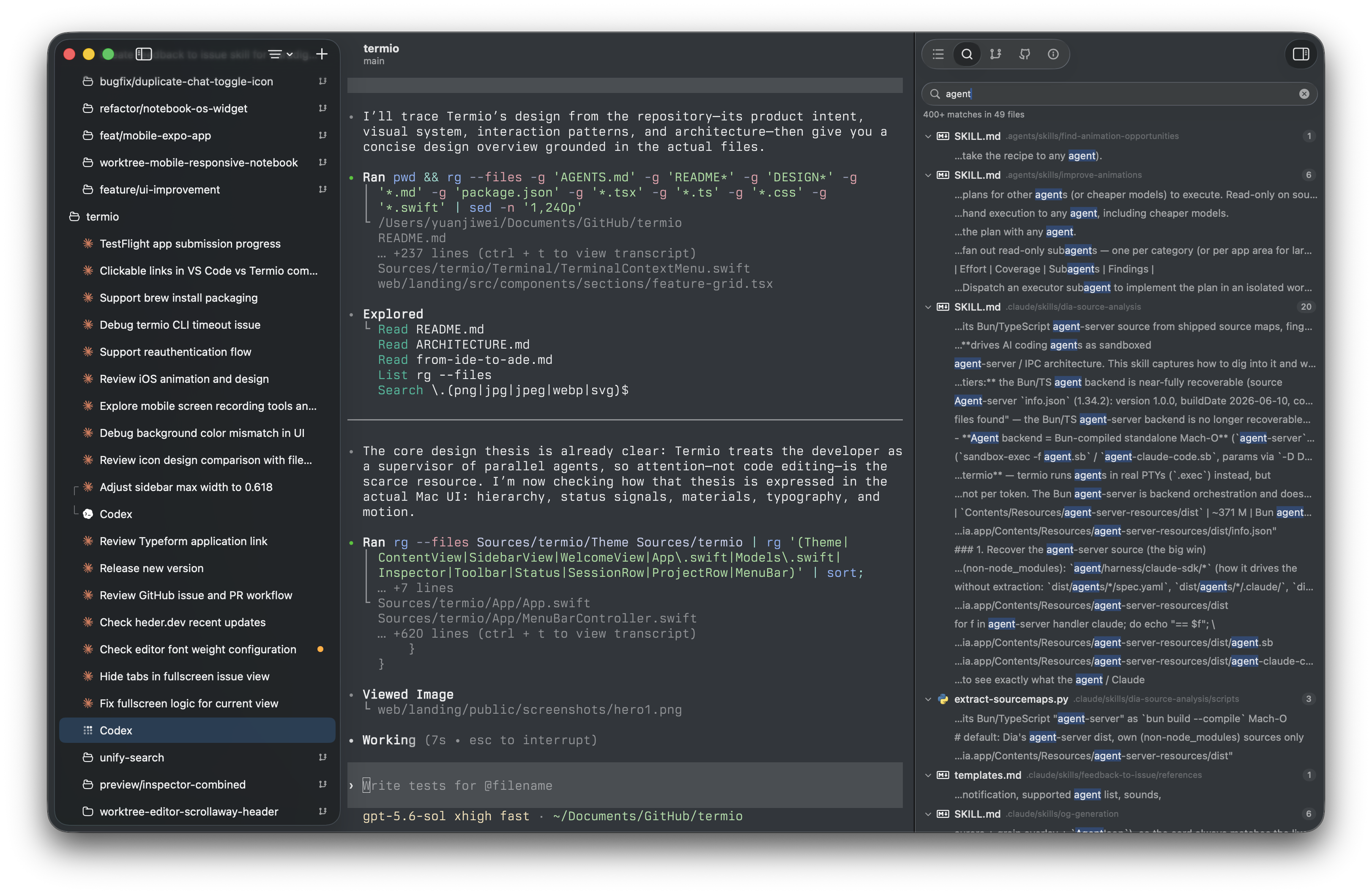 The built-in editor showing a Markdown file next to the file tree