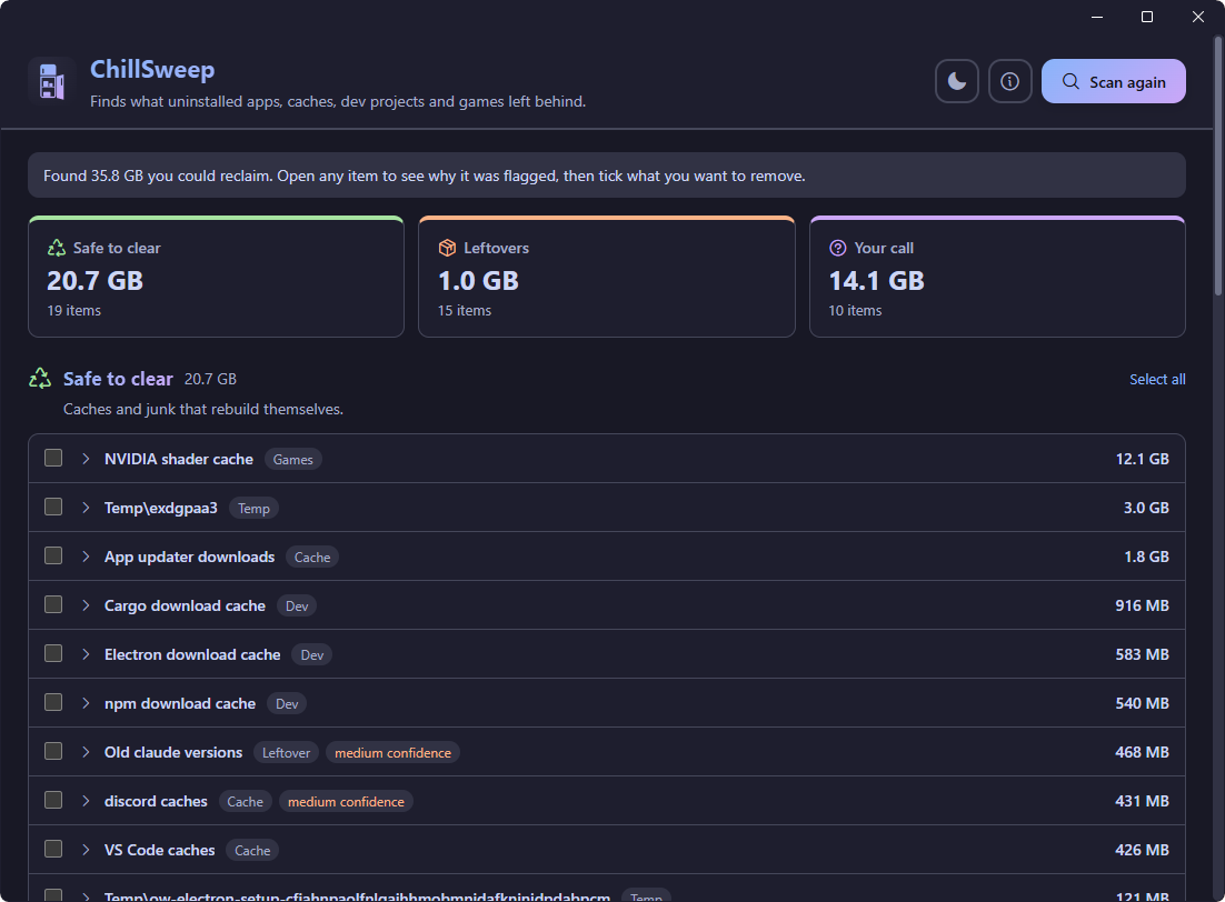 ChillSweep after a scan: 35.8 GB found, split into Safe to clear, Leftovers and Your call