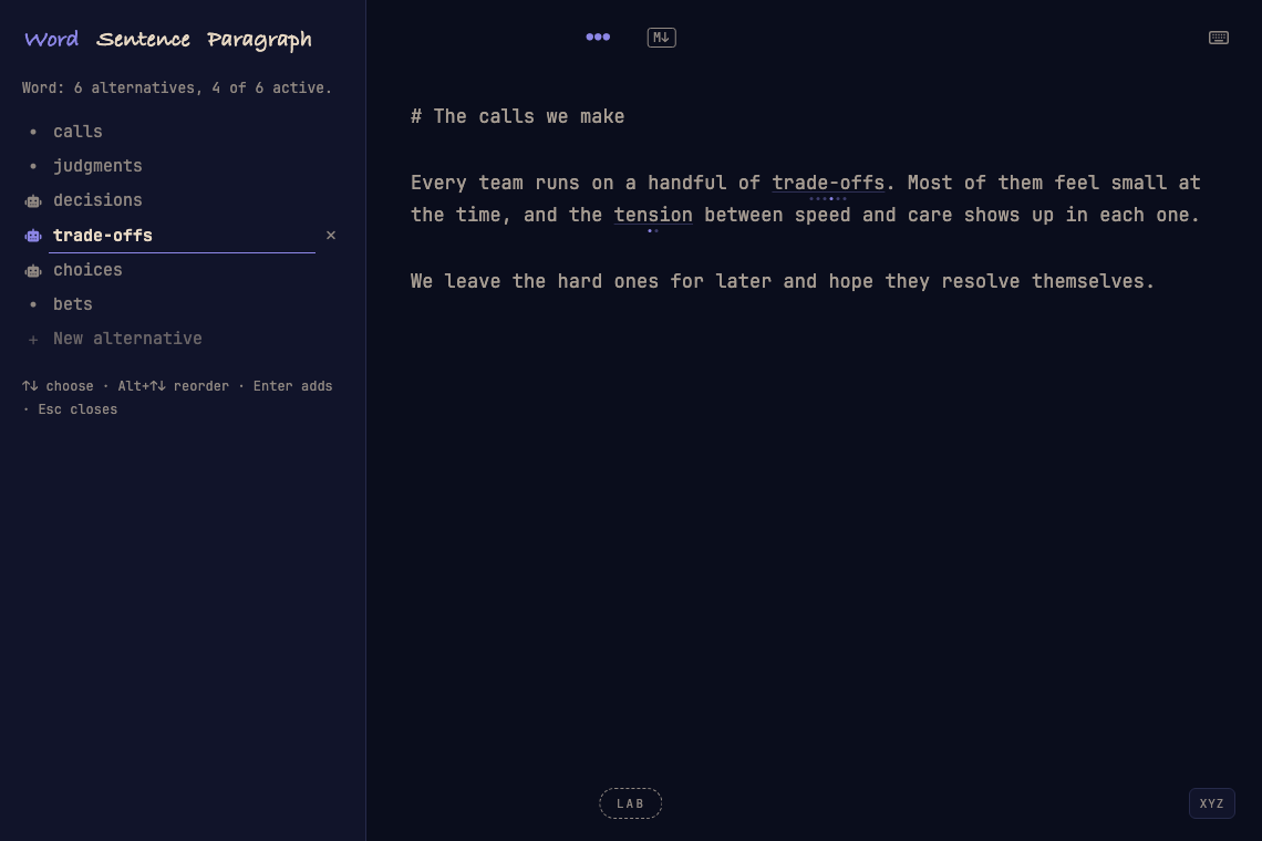 Alternatives panel with Word, Sentence and Paragraph tabs