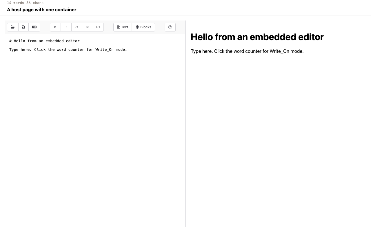 The bundle's example.html: an embedded editor in a host page