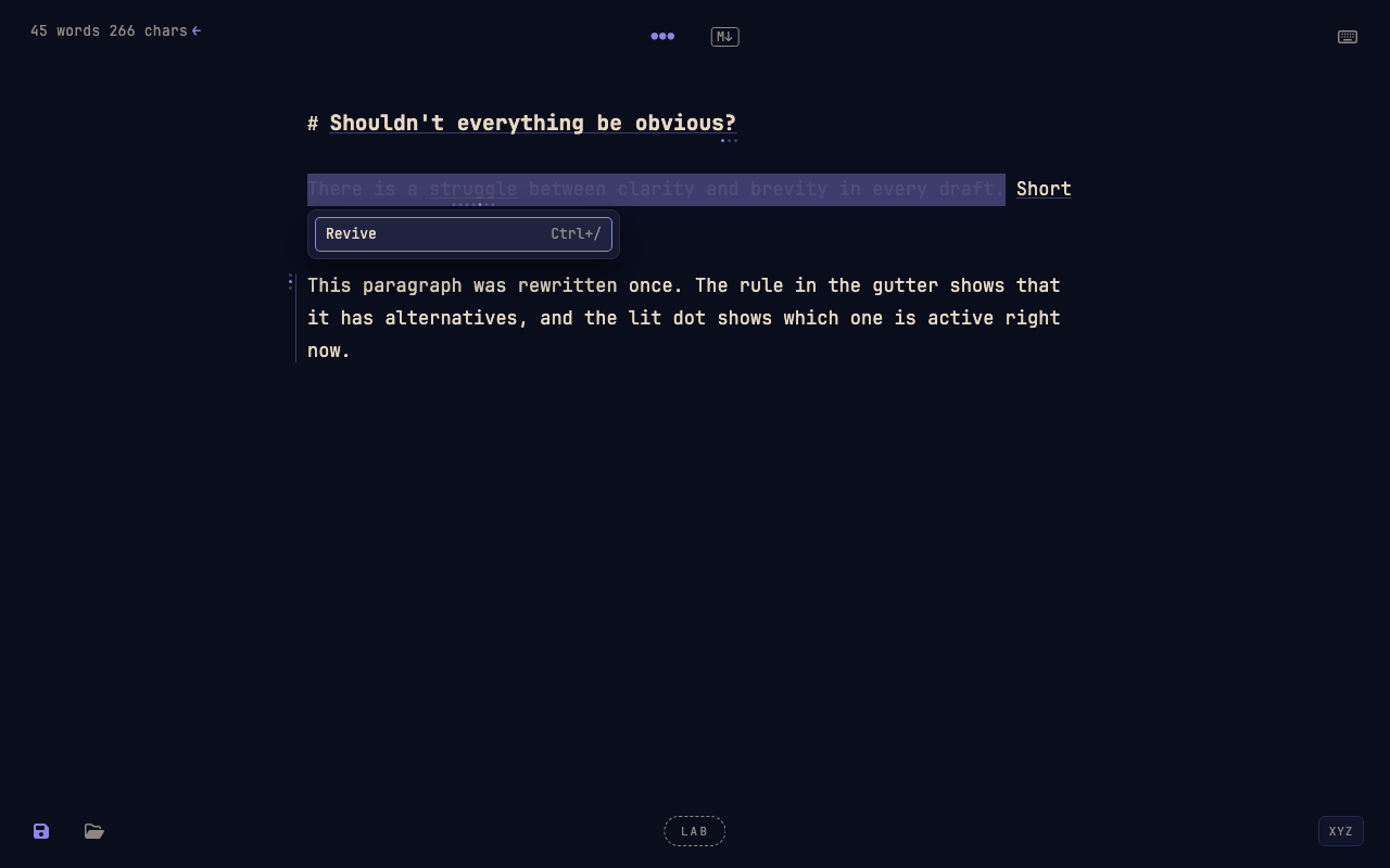 A ghosted sentence and the selection menu