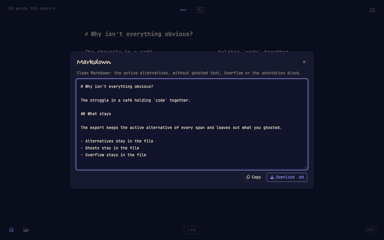 The Markdown export dialog