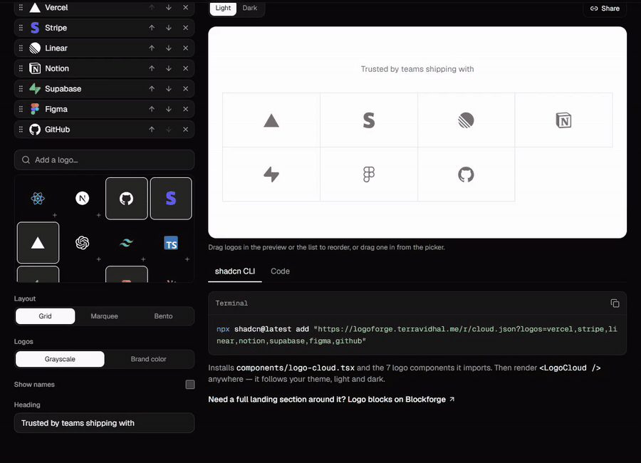 The logo cloud builder: add logos, switch layout and colors, copy one install command