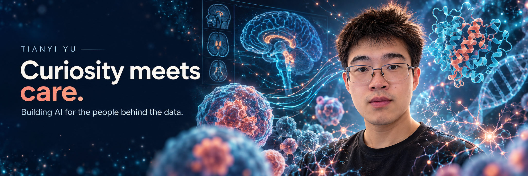 AI-assisted portrait of Tianyi Yu surrounded by conceptual biomedical imagery; Curiosity meets care.