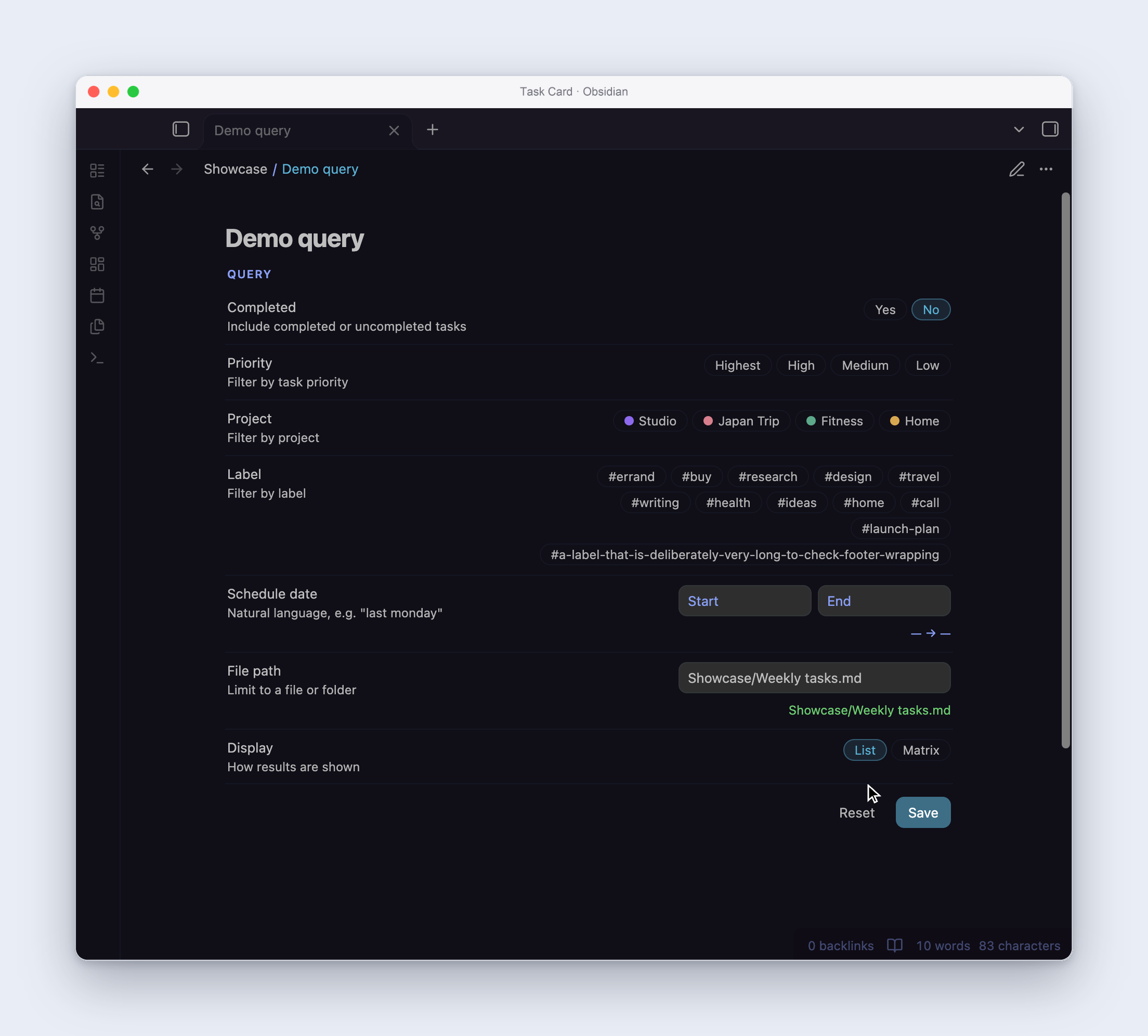 Filter tasks with the visual query editor in the real Obsidian app, recorded at native Retina resolution