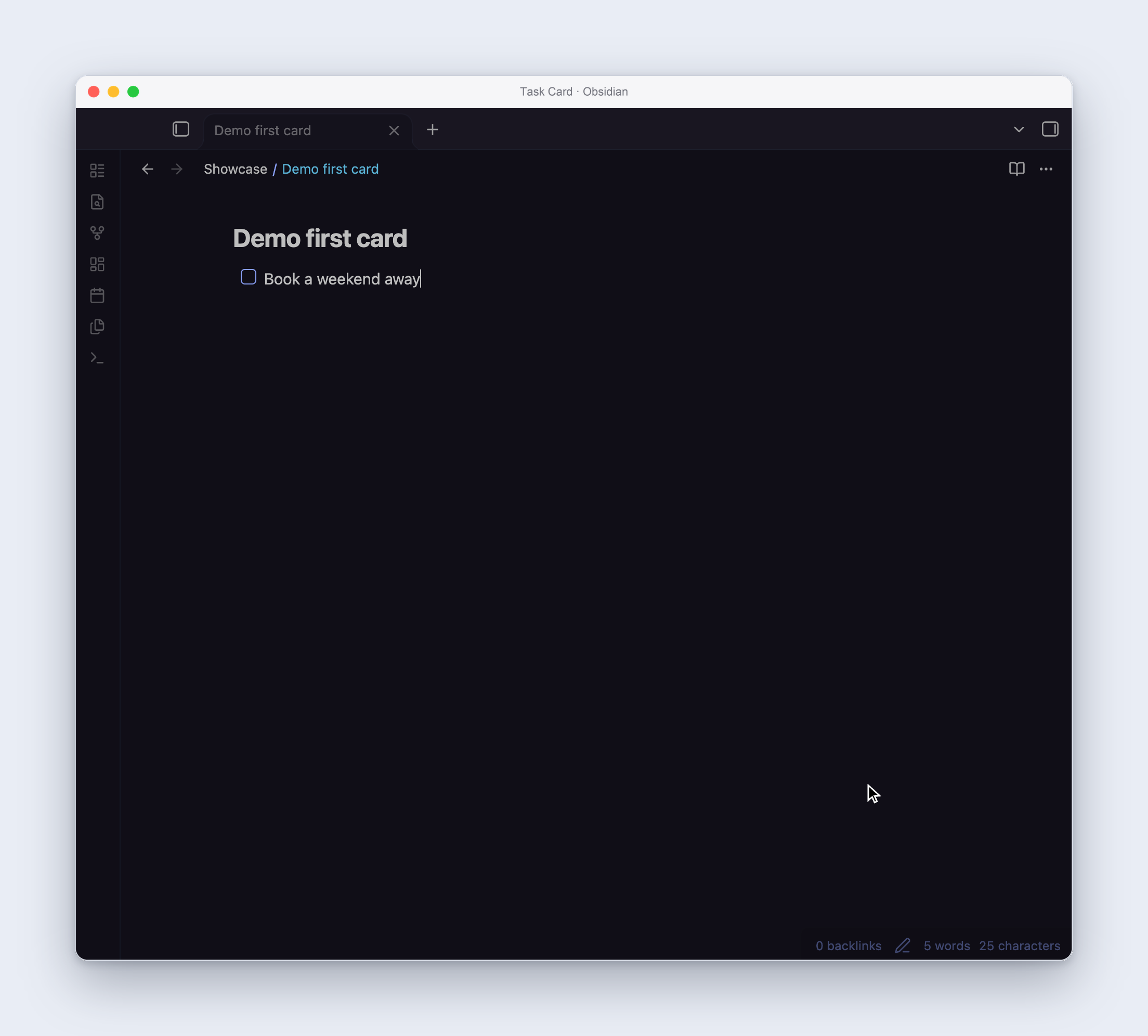 Create and complete a task in a native Retina Obsidian window with rounded corners and a desktop shadow